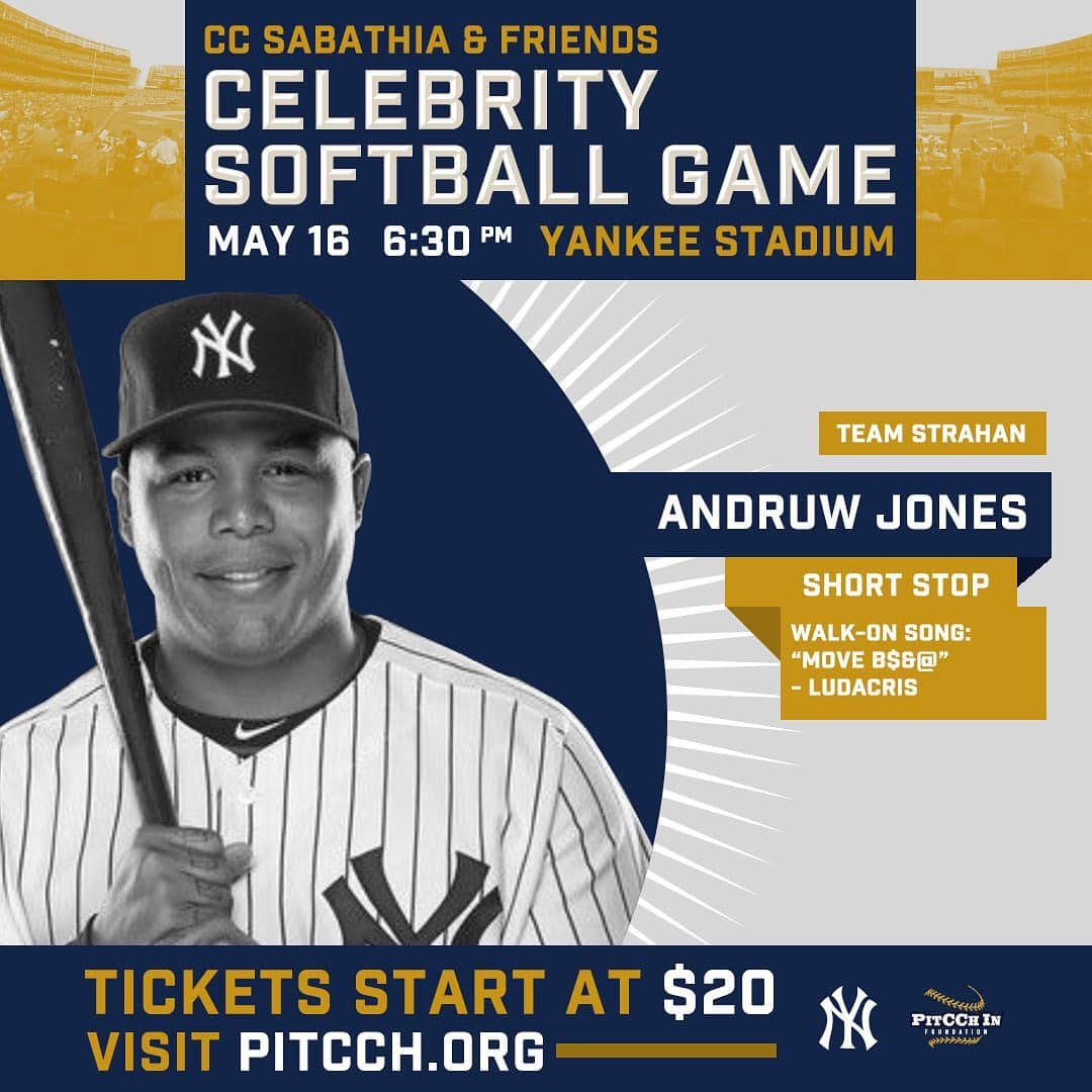 アンドリュー・ジョーンズさんのインスタグラム写真 - (アンドリュー・ジョーンズInstagram)「Can’t wait to be back at Yankee Stadium for @CC_Sabathia’s Celebrity Softball Game on May 16...Let’s go Team @MichaelStrahan! Get your tickets now to join the fun and support the @PitCChInFdn & the Yankees Foundation at pitcch.org.  #ccsoftball」5月2日 22時03分 - therealandruwjones