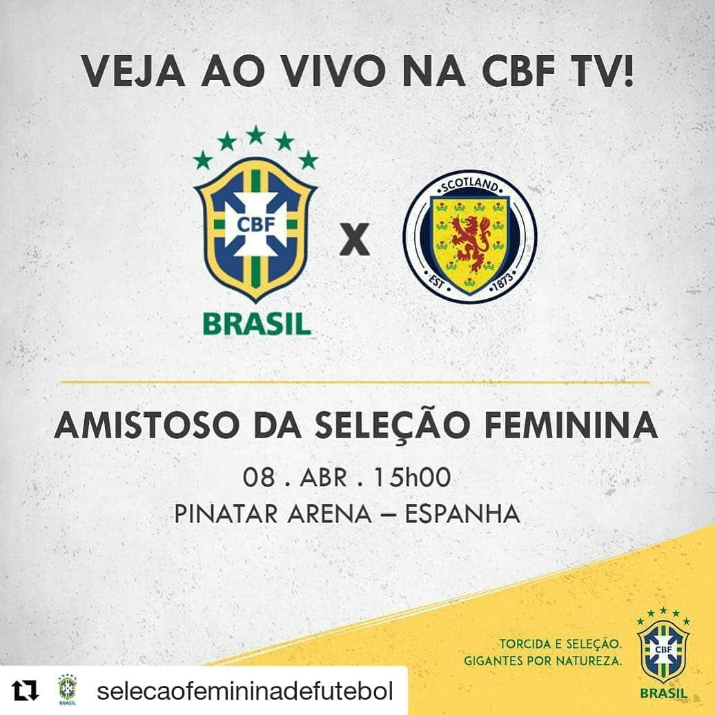 サッカー ブラジル代表チームさんのインスタグラム写真 - (サッカー ブラジル代表チームInstagram)「#Repost @selecaofemininadefutebol (@get_repost) ・・・ Daqui a pouco nossas meninas entram em campo! É amistoso de preparação para a Copa do Mundo contra a Escócia, ao vivo, no site e Twitter da CBF 🇺🇸 Our girls will be on the field soon! This match against Scotland is part of the preparation to the World Cup. Follow on live in CBF’s site and Twitter. ⠀ 🇧🇷 x 🏴󠁧󠁢󠁳󠁣󠁴󠁿 🗓 - 08/04 🕐 - 15h (Brazil time) 📺 - CBF TV (site e Twitter) e Sportv」4月9日 2時23分 - cbf_futebol