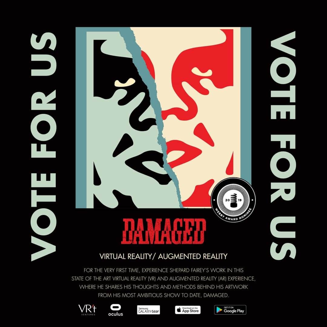 Shepard Faireyさんのインスタグラム写真 - (Shepard FaireyInstagram)「My #DamagedApp with @vrtventures is nominated for a Webby Award (@thewebbyawards) under the Art & Experimental category! I’m excited that the app allows art fans around the world to experience my largest solo fine art exhibition to date in a profoundly powerful way through VR and AR, especially those who weren’t able to make it to Los Angeles where it was on view in 2017. The Damaged App is FREE to download on the App Store and Google Play through the end of the month! Check it out and vote for it if you dig it! Thanks to @juxtapozmag for all the support. - Shepard⁣ ⠀⠀⠀⠀⠀⠀⠀⠀⠀⁣⠀⁣ PLEASE VOTE THROUGH THE LINK IN BIO BY 4/18!」4月9日 7時00分 - obeygiant