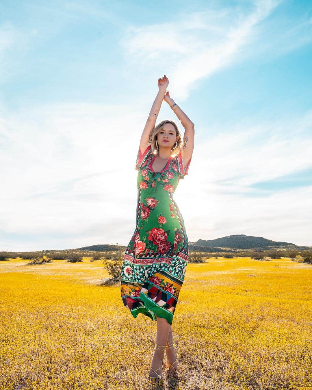 のインスタグラム：「Don’t reach for the stars, they don’t know you. Reach for your dreams, they have been with you since the beginning. Sam and I drove out into the desert this weekend to enjoy the beauty and splendor. To my delight the desert floor was lit up with tiny yellow blooms. ☀️ *This was taken at a privately owned ranch with the owner’s permission.」