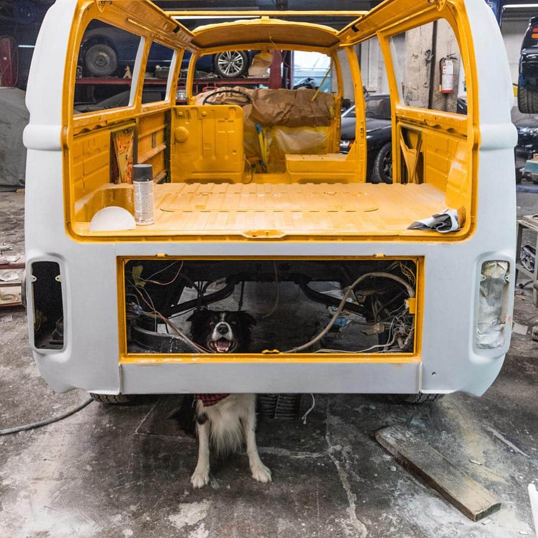 Andrew Knappさんのインスタグラム写真 - (Andrew KnappInstagram)「Find Momo in the shop with Mellow. @nickelautomotive is hard at work giving Mellow a new life and the work they’re doing is amazing. Here, she’s primed with all new body panels an NO RUST! They’re painting her this week and I can’t wait to go check it out.」4月10日 3時28分 - andrewknapp