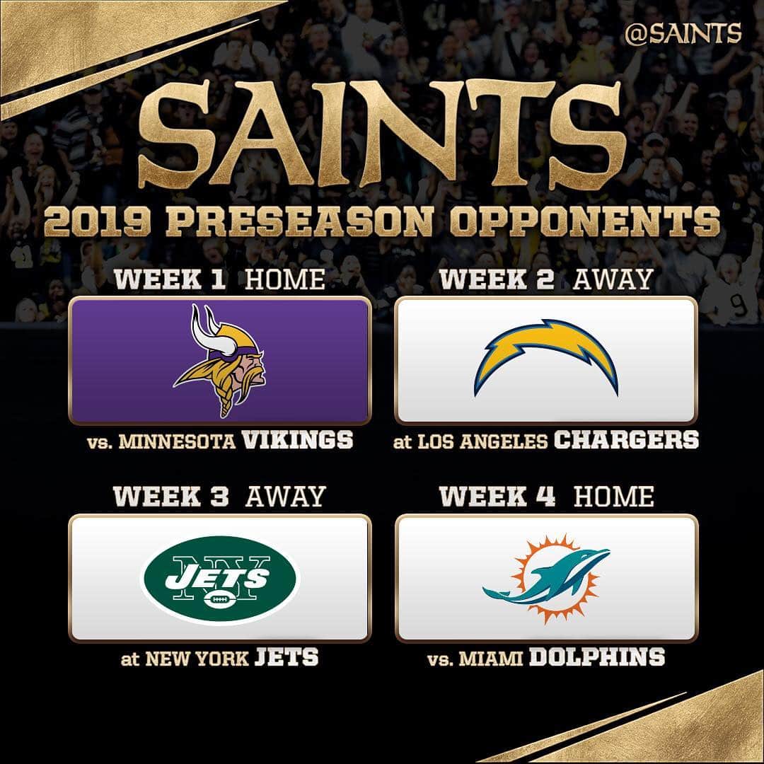 ニューオーリンズ・セインツさんのインスタグラム写真 - (ニューオーリンズ・セインツInstagram)「#Saints 2019 preseason opponents! ⚜️」4月10日 4時12分 - saints
