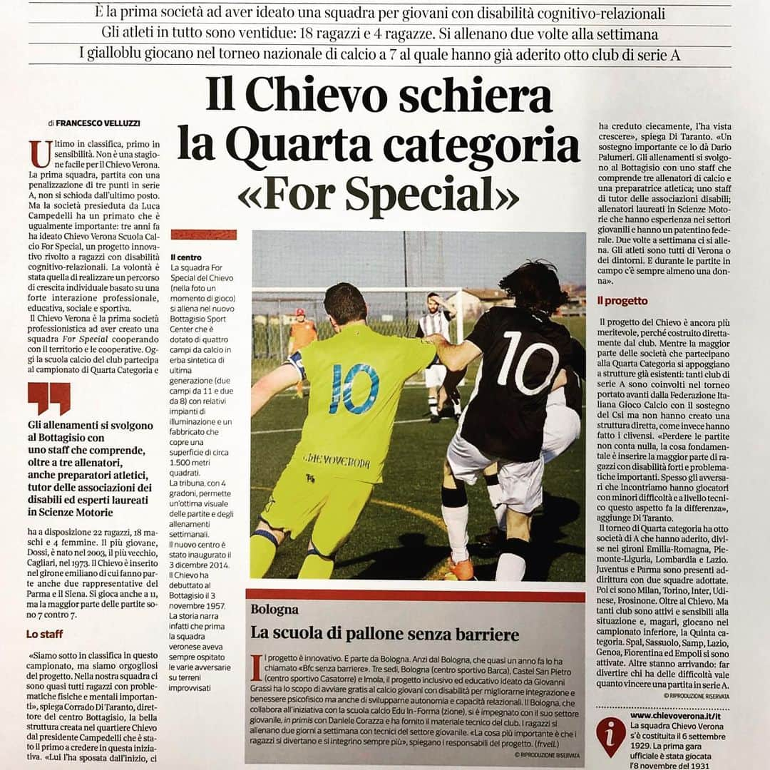 ACキエーヴォ・ヴェローナさんのインスタグラム写真 - (ACキエーヴォ・ヴェローナInstagram)「🗞⚽️ Oggi il @corriere dedica un’intera pagina alla Quarta Categoria For Special #gialloblù nella rubrica #BuoneNotizie! 💛💙 #chievoverona #chievo #calcio #football #life #QuartaCategoria #forspecial」4月9日 19時54分 - acchievoverona