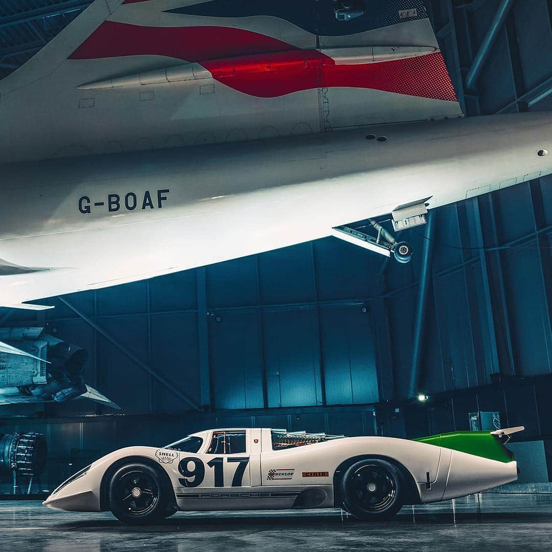 Porscheさんのインスタグラム写真 - (PorscheInstagram)「When the legendary Porsche 917 meets the fabulous Concorde, you'd better fasten your seat belts. Precisely 50 years ago, the first British made Concorde began its maiden flight. In the same month, the very first Porsche 917 – chassis 001 – began its development. Enjoy the unique encounter of the two masterpieces of engineering in our gallery. #Porsche #Concorde #917 #Porsche917」4月9日 20時14分 - porsche