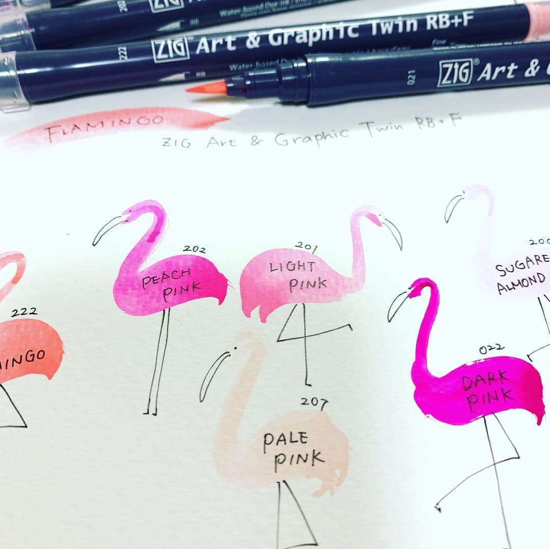 Kuretakeさんのインスタグラム写真 - (KuretakeInstagram)「Ideal for design,illustration,rubber stamping and card making. 【ZIG Art & Graphic Twin RB+F】TUT-95 #coloriage #colors #ZIG #graphictwin #flamingo #lemon  #rose #brush #colorbrush #waterbaseddyeink #水性染料インク」4月9日 23時40分 - kuretakejapan