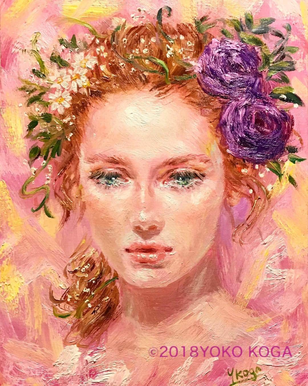古賀陽子のインスタグラム：「“The Flower Nymph” 2018, oil on canvas, 33.4cm×24.3cm "花のニンフ" F4号 __________ 🔜 個展: 5月29日(水)〜6月4日(火) @大丸心斎橋店 北館12F 美術画廊  #人物画 #肖像画 #portrait #アート #絵 #gallery #ギャラリー #画家 #artist #painter #portraitartist #painting #art #artwork #油絵 #oilpainting #artstagram #artistoninstagram #instapainting #instajapan #instaart #instaartist #neoimpressionism #古賀陽子 #yokokoga #exhibition #exhibit #大阪 #個展 #画廊」
