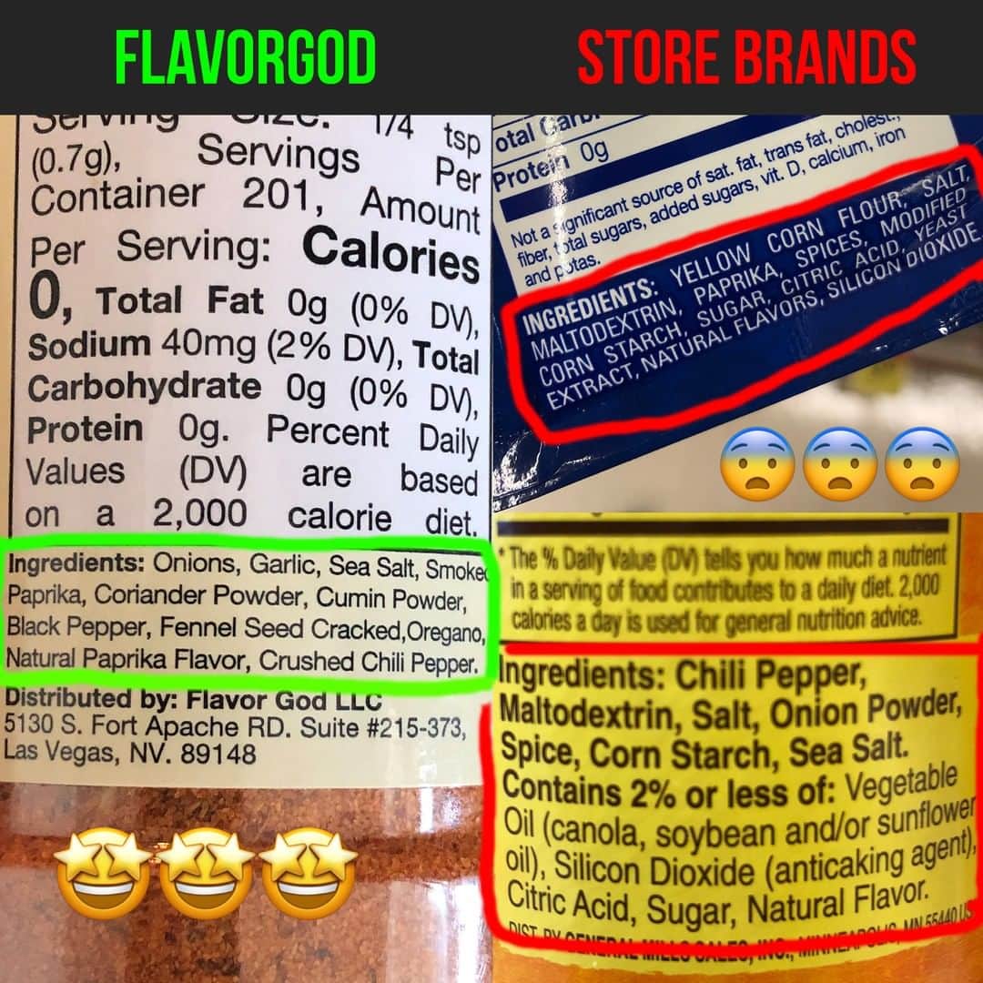 Flavorgod Seasoningsさんのインスタグラム写真 - (Flavorgod SeasoningsInstagram)「🚨Check out this comparison between #FLAVORGOD Taco Tuesday vs the Store Brand!⁣ -⁣ Store bought Seasonings first ingredients tend to be either salt or sugar. These ingredients in my industry tend to be cheaper, I feel this is why a lot of companies go heavier on these 2 ingredients.⁣ -⁣ When I created Flavorgod Seasonings my goals was to use only quality ingredients with freshness and flavor as the main factor. Not the bottom line.⁣ -⁣ Thank you for your support!⁣ -⁣ Build Your Own Bundle Now!!⁣ Click the link in my bio @flavorgod⁣ ✅www.flavorgod.com⁣ -⁣ ✅FREE SHIPPING (lower 48 states) with purchases of $50+⁣ ✅FREE GIFTS AT CHECKOUT⁣ ✅FRESH MADE SEASONINGS⁣ ✅MANY DELICIOUS FLAVORS TO CHOOSE FROM⁣」4月10日 8時00分 - flavorgod