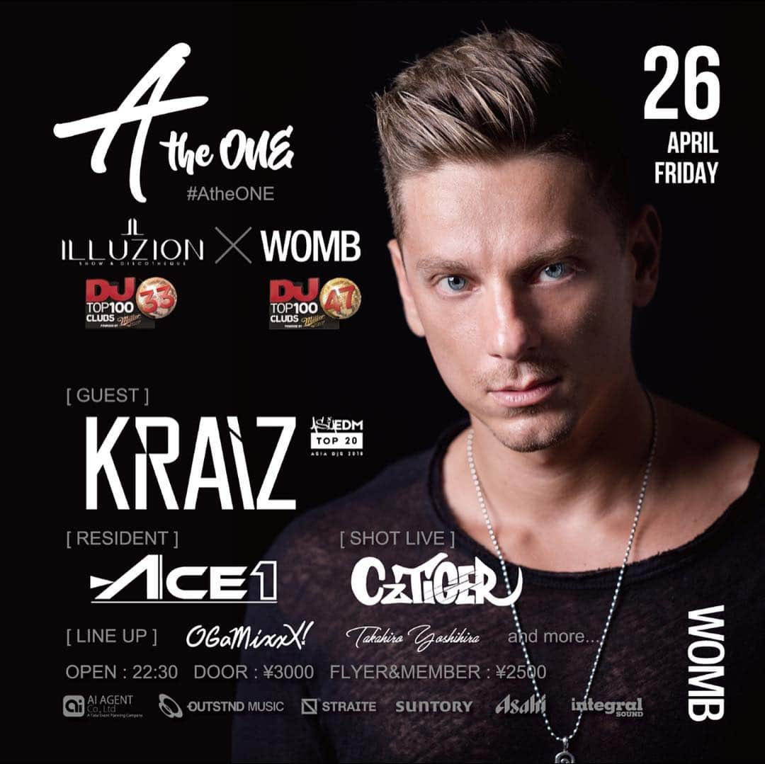 DJ ACEさんのインスタグラム写真 - (DJ ACEInstagram)「4月26日WOMBでイベントやります！キテネ😉﻿ ﻿ 「A the ONE」﻿ 〜ILLUZION(#33) ✖︎ WOMB(#47)〜﻿ ﻿ DJMAG TOP100CLUBS 世界ランキング【33位】タイのILLUZIONと、今回【47位】にランクアップした国内断トツ1位のWOMBによる、文字通り世界レベルのコラボレーションを新イベント『A the ONE』にて開催。﻿ ゲストにはそのILLUZIONから、Asia EDM TOP20DJsにも選出されたKRAIZ。﻿ レジデントにはSPINNIN'TalentPoolで世界1位を奪取したACE1。﻿ SHOT LIVEには同じく世界で活躍するラッパー・Cz Tiger。﻿ ACE1とCzTigerはAbemaTV以来初共演、番組"SMASH HIT"で共に制作した「BAD HABIT」の生ライブも披露！﻿ ﻿ ﻿ □ DATE﻿ 2019.4.26. Fri.﻿ ﻿ □ TIME﻿ 22:30~4:30﻿ ﻿ □ EVENT TITLE﻿ A the ONE ~ILLUZION x WOMB~﻿ ﻿ □ VENUE﻿ WOMB﻿ http://www.womb.co.jp/access/﻿ ﻿ ========﻿ DOOR / 当日 : ¥3,000﻿ ﻿ FLYER&MEMBER : ¥2,500 ﻿ ========﻿ ﻿ 【MAIN FLOOR】﻿ □ TITLE﻿ A the ONE﻿ ﻿ □ GENRE﻿ ELECTRONIC / BASS MUSIC ﻿ ﻿ ■ GUEST﻿ KRAIZ﻿ https://www.instagram.com/kraizdj/﻿ ﻿ ■ RESIDENT﻿ ACE1﻿ https://www.instagram.com/ace1djace/﻿ ﻿ ■ SHOT LIVE﻿ Cz Tiger﻿ https://www.instagram.com/cztiger/﻿ ﻿ ■ LINE UP﻿ OGaMixxX﻿ Takahiro Yoshihira﻿ and more…」4月10日 20時02分 - ace1djace