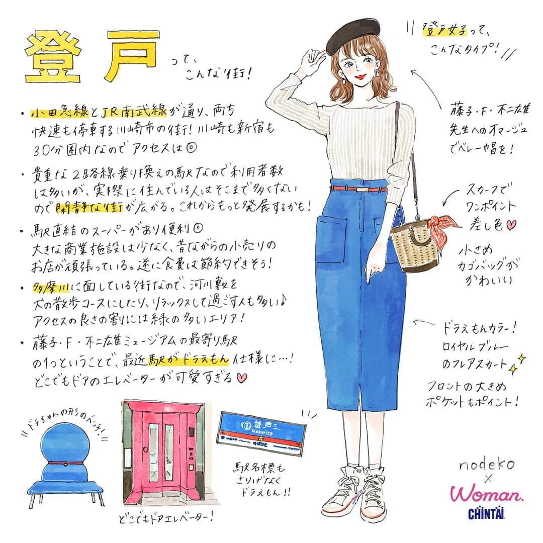 のインスタグラム：「#登戸駅 （#Noborito  station in #Kanagawa )  藤子・Ｆ・不二雄ミュージアムが近くにあることから、最近駅がドラえもん仕様になって可愛い😍 アクセスの良さの割に完成な住宅地の広がる落ち着いた街・登戸は女性に例えると、Iラインシルエットがキレイだけどちょっとドラえもんカラー？なおしゃれガール💙 ・ ・ @woman.chintai では登戸駅周辺のお部屋も診断形式であなたにあったお部屋を探せる😘🏡 「Woman.CHINTAI」もしくは、「ウーマンチンタイ」で検索🔍 プロフィールのURLからもすぐに理想のお部屋が探せちゃいます✨ ・ Illustrated by @nodeko_ ・ ・ #WomanCHINTAI#部屋探し#CHINTAI #女性にオススメ #擬人化 #賃貸 #街 #1人暮らし #おしゃれ#女子#ファッションイラスト#fashionillutration#tokyofashion#ootd#ファッション#コーデ#今日のコーデ」