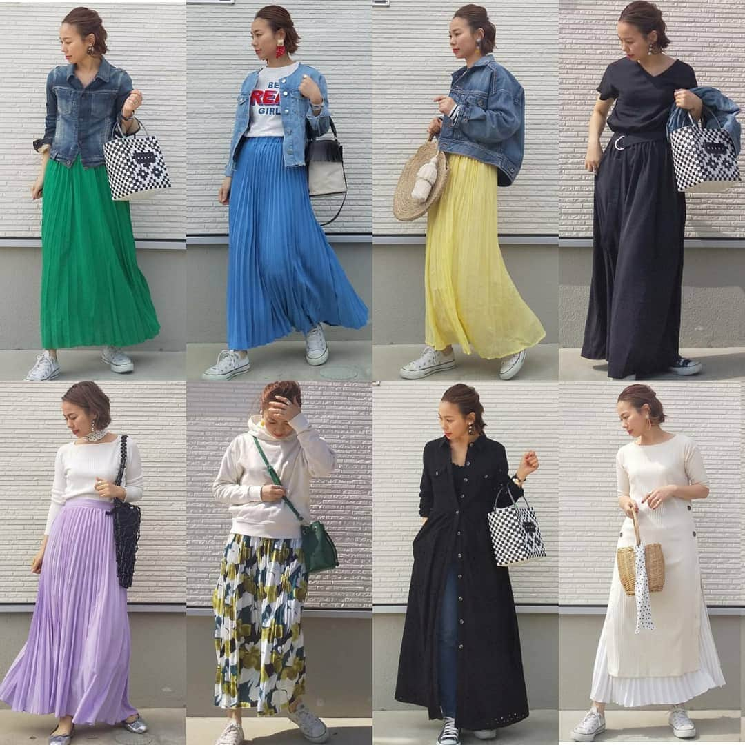 keicoさんのインスタグラム写真 - (keicoInstagram)「おまとめコーデ👗💕 やっぱりスカート好き😍 ＿＿＿＿＿＿＿＿＿＿＿＿＿＿ #プチプラコーデ#gu_for_all #locari #プチプラファッション#マキシスカート#アラフォーコーデ #大人カジュアル#着回しコーデ #gジャン #カジュアル#ママコーデ#gumania #カジュアルコーデ#153cmコーデ#大人ファッション#zaraコーデ #guコーデ#スカートコーデ #おちびコーデ #mamagirl#オトナカジュアル#プリーツスカート #converse #GU#gustyle#ワンピース#春コーデ#今日のコーデ #ママスタ春コーデ」4月11日 7時14分 - loverara.loverara