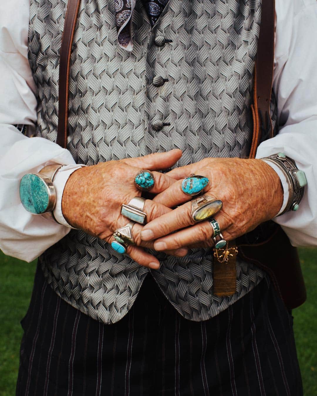 thephotosocietyさんのインスタグラム写真 - (thephotosocietyInstagram)「Photo by @MichaelGeorge // This is 'Turquoise Tom' in Payson, Arizona posing with some of his extensive collection of turquoise jewelry. Curious where the stone gets its striking color? David Killick, director of Killick Lab and professor of anthropology, explains: “Turquoise is made when water reacts with copper deposits and the type of rock that surrounds it, which creates varieties in color and appearances of the gemstone." Turquoise has been used by southwest American Indian tribes since 200 B.C. and remains an icon of the region. // #turquoise #turquoisetom #payson #paysonaz #arizona #paysonarizona #natgeotravel #historyofturquoise #jewelry」4月11日 8時03分 - thephotosociety