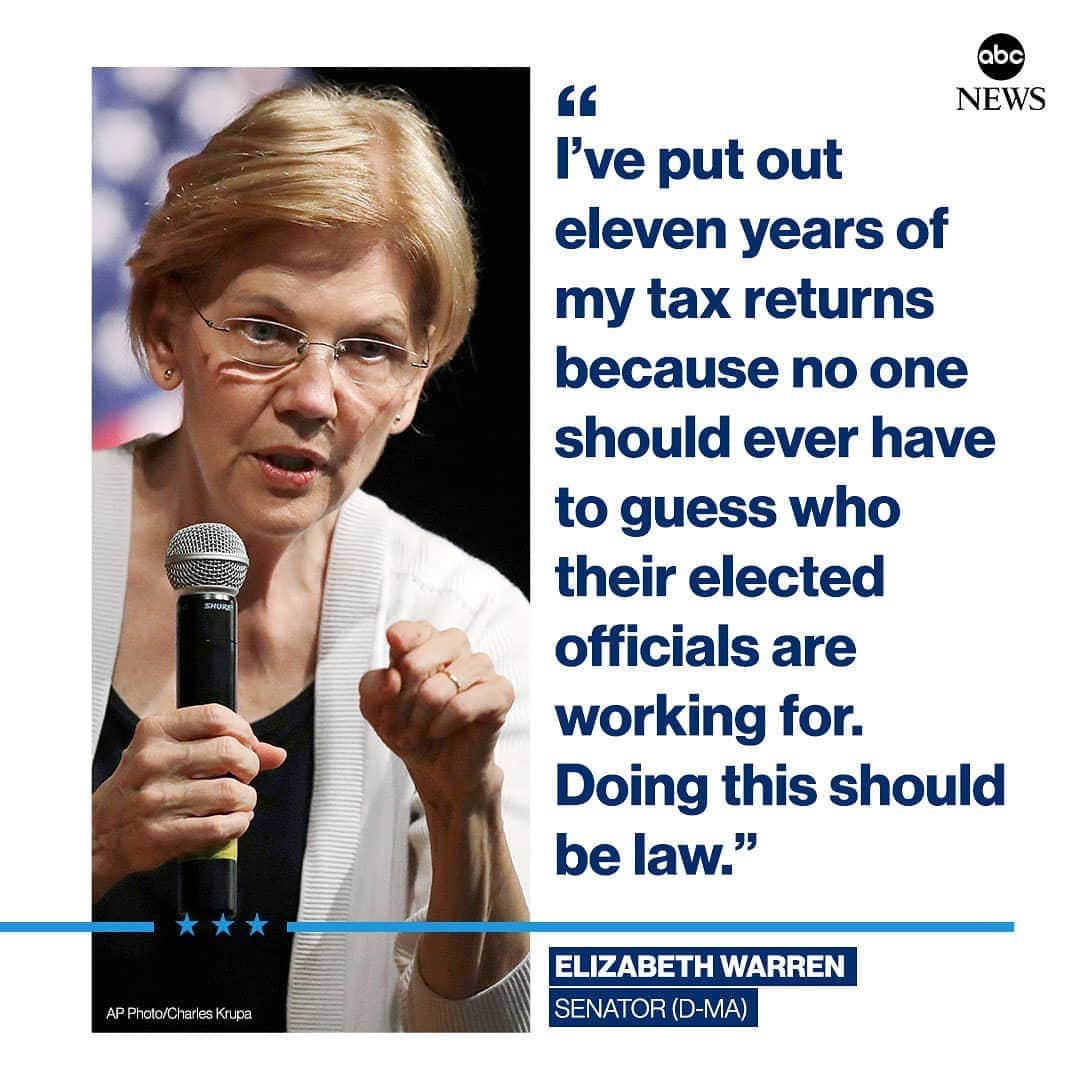 ABC Newsさんのインスタグラム写真 - (ABC NewsInstagram)「NEW: Sen. Elizabeth Warren becomes the latest candidate to release her 2018 federal tax returns.  She paid about $231,000 after deductions on an adjusted gross income of nearly $850,000 between her and her husband, the documents show. #elizabethwarren #taxes #2020 #election」4月10日 23時23分 - abcnews