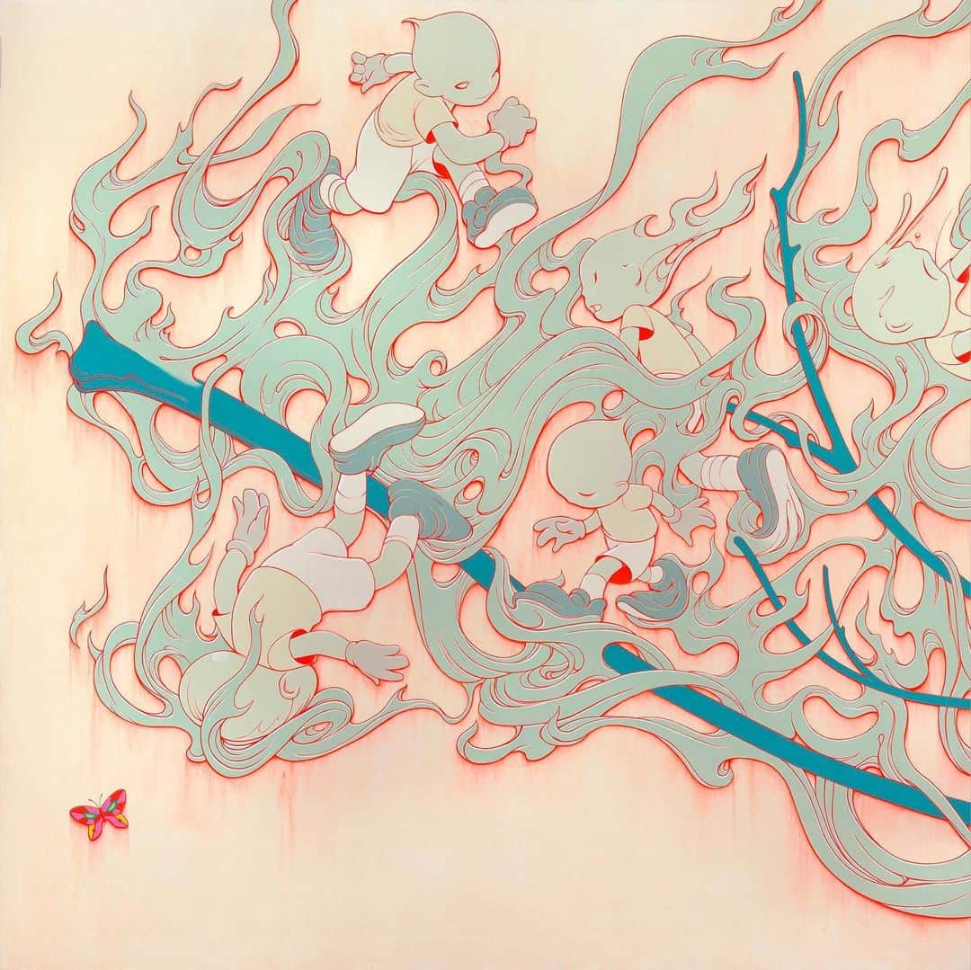 ジェームス・ジーンさんのインスタグラム写真 - (ジェームス・ジーンInstagram)「Inferno - Red Fire South. Acrylic on Canvas, 360 x 120”, 2019.⠀ ⠀ @lottemuseum⠀ ⠀ 🔥🔥🔥The Descendants scamper about through a wave of flames. A primary source for this painting is the Hell Scroll, or Jigoku-zoshi, a 12th century Japanese scroll painting depicting the multitude of hells in Buddhist cosmology. Like out of a Max Fleischer cartoon, the fire sprites run and jump through the flames, too innocent to be aware of the tortures awaiting them in a Buddhist hell of their own making, as a scribe in the lower right corner draws out the fantasy in flames. The rubber soles of their sneakers melt into the fire and provide fuel for the conflagration, the inferno hungry to consume more hypebeasts and to punish them for missing the latest drop. 💧💧💧」4月11日 1時05分 - jamesjeanart