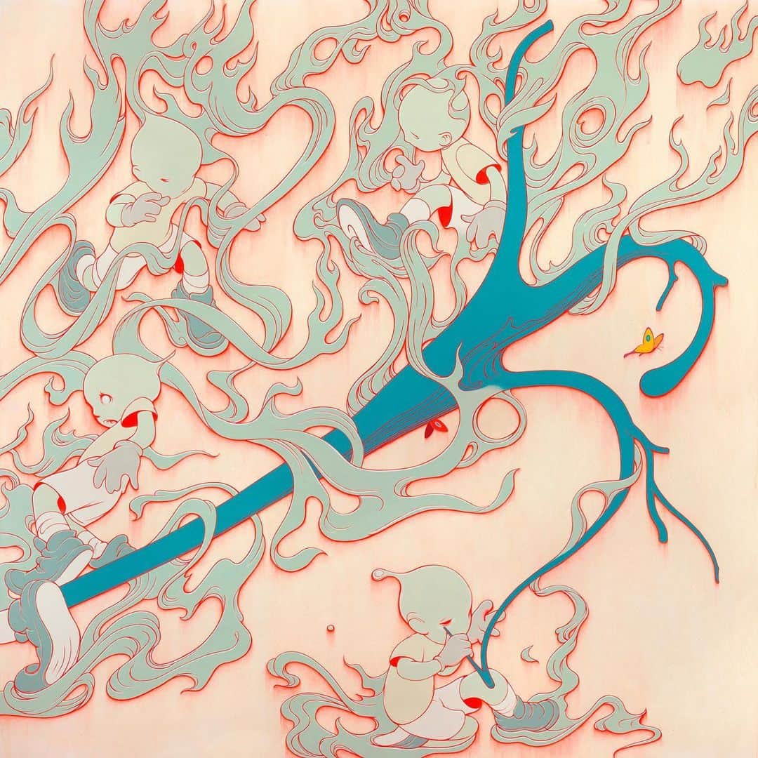 ジェームス・ジーンさんのインスタグラム写真 - (ジェームス・ジーンInstagram)「Inferno - Red Fire South. Acrylic on Canvas, 360 x 120”, 2019.⠀ ⠀ @lottemuseum⠀ ⠀ 🔥🔥🔥The Descendants scamper about through a wave of flames. A primary source for this painting is the Hell Scroll, or Jigoku-zoshi, a 12th century Japanese scroll painting depicting the multitude of hells in Buddhist cosmology. Like out of a Max Fleischer cartoon, the fire sprites run and jump through the flames, too innocent to be aware of the tortures awaiting them in a Buddhist hell of their own making, as a scribe in the lower right corner draws out the fantasy in flames. The rubber soles of their sneakers melt into the fire and provide fuel for the conflagration, the inferno hungry to consume more hypebeasts and to punish them for missing the latest drop. 💧💧💧」4月11日 1時05分 - jamesjeanart