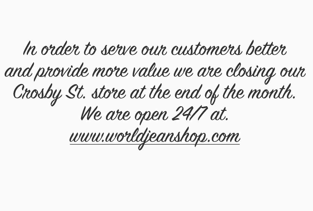 ジーンショップのインスタグラム：「Starting today we are offering 50% off most product on line and in the shop till it’s gone. #jeanshop #jeanshopnyc #jeans #shopjeans #jeanshopbrand #selvedgedenim #selvedgejeans」