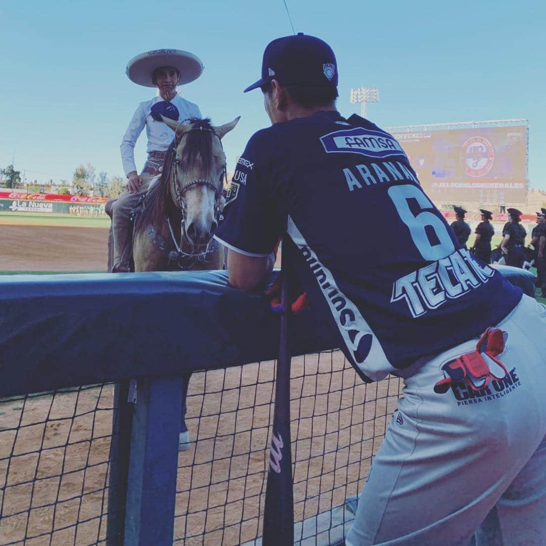 のインスタグラム：「昨日は初のビジターの試合でした^ ^ ビジターのユニフォームもカッコいいです！ 標高が高い所らしく、心なしか呼吸がしんどかった気がします。 打球もすごく飛ぶみたいです！ セレモニーに馬🐴が来ました（笑）  #lmb #sultanes #ビジター#標高」