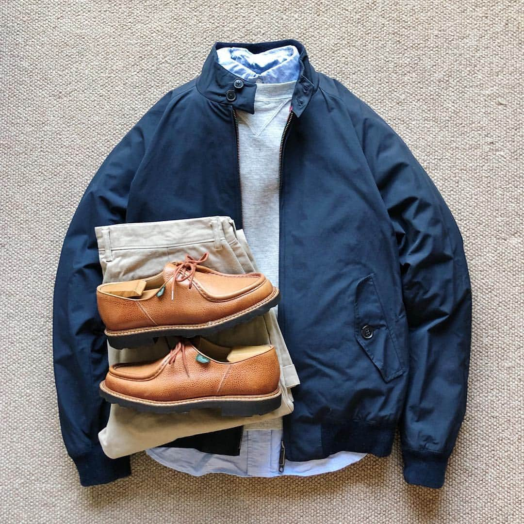 the.daily.obsessionsのインスタグラム：「Today's Outfit. ↓ ＊#Baracuta G-9 Harrington Jacket ＊40's Vintage #JCPenney Double V-Panel Sweat Shirt ＊#GitmanVintage Oxford BD-Shirt ＊#Tellason Slim Fit Chino Trousers ＊#Paraboot Scotch Grain Leather MichaelI」