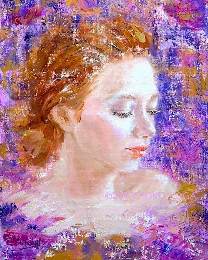 古賀陽子のインスタグラム：「“The Smile” 2018, oil on canvas, 33.4cm×24.3cm "微笑み" F4号 __________ 🔜 個展: 5月29日(水)〜6月4日(火) @大丸心斎橋店 北館12F 美術画廊  #人物画 #肖像画 #portrait #アート #絵 #gallery #ギャラリー #画家 #artist #painter #portraitartist #painting #art #artwork #油絵 #oilpainting #artstagram #artistoninstagram #instapainting #instajapan #instaart #instaartist #neoimpressionism #古賀陽子 #yokokoga #exhibition #exhibit #大阪 #個展 #画廊」