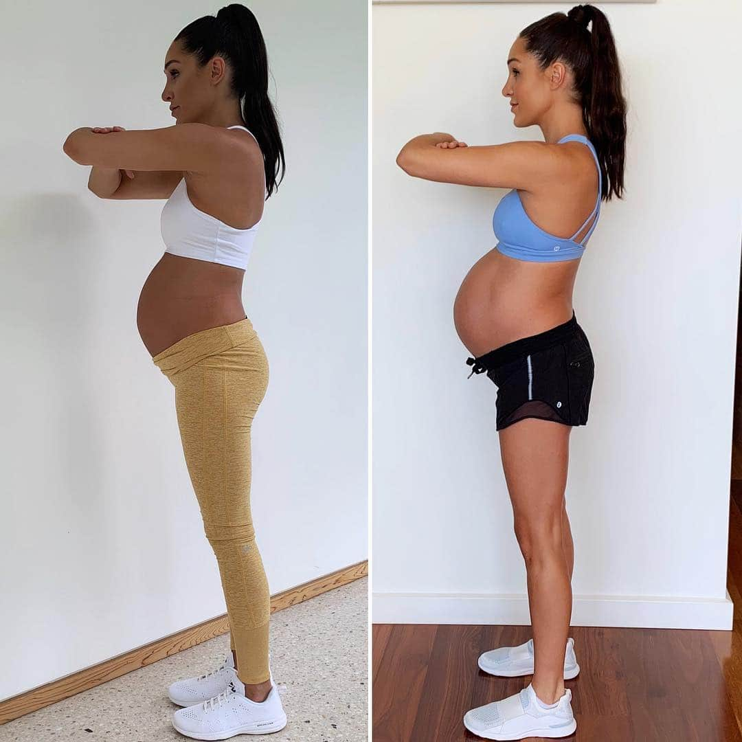 ケイラ・アイトサインズさんのインスタグラム写真 - (ケイラ・アイトサインズInstagram)「Muffin update 💛💪 30 weeks vs 36 weeks #pregnant 💛💪 From the start of pregnancy to now, I have gained almost 12kgs 😁(26 pounds). I’m definitely starting to slow down (not by choice😂). I am still eating well, staying active and sleeping .. ‘okay’ (just a little uncomfortable). For the ladies who don’t know, or who are new to my page, @tobi_pearce and I are having a baby girl! She is measuring one week and 2 days ahead in size. This puts her in the 91st percentile for weight😂 So proud of my little muffin haha!! I think we have FINALLY thought of a name, which we will announce at birth! I have a whole Instagram highlight section answering any FAQ’s! If anyone has any more questions for me (after reading the FAQ’s) comment below! 🥰 www.kaylaitsines.com/app」4月11日 6時45分 - kayla_itsines