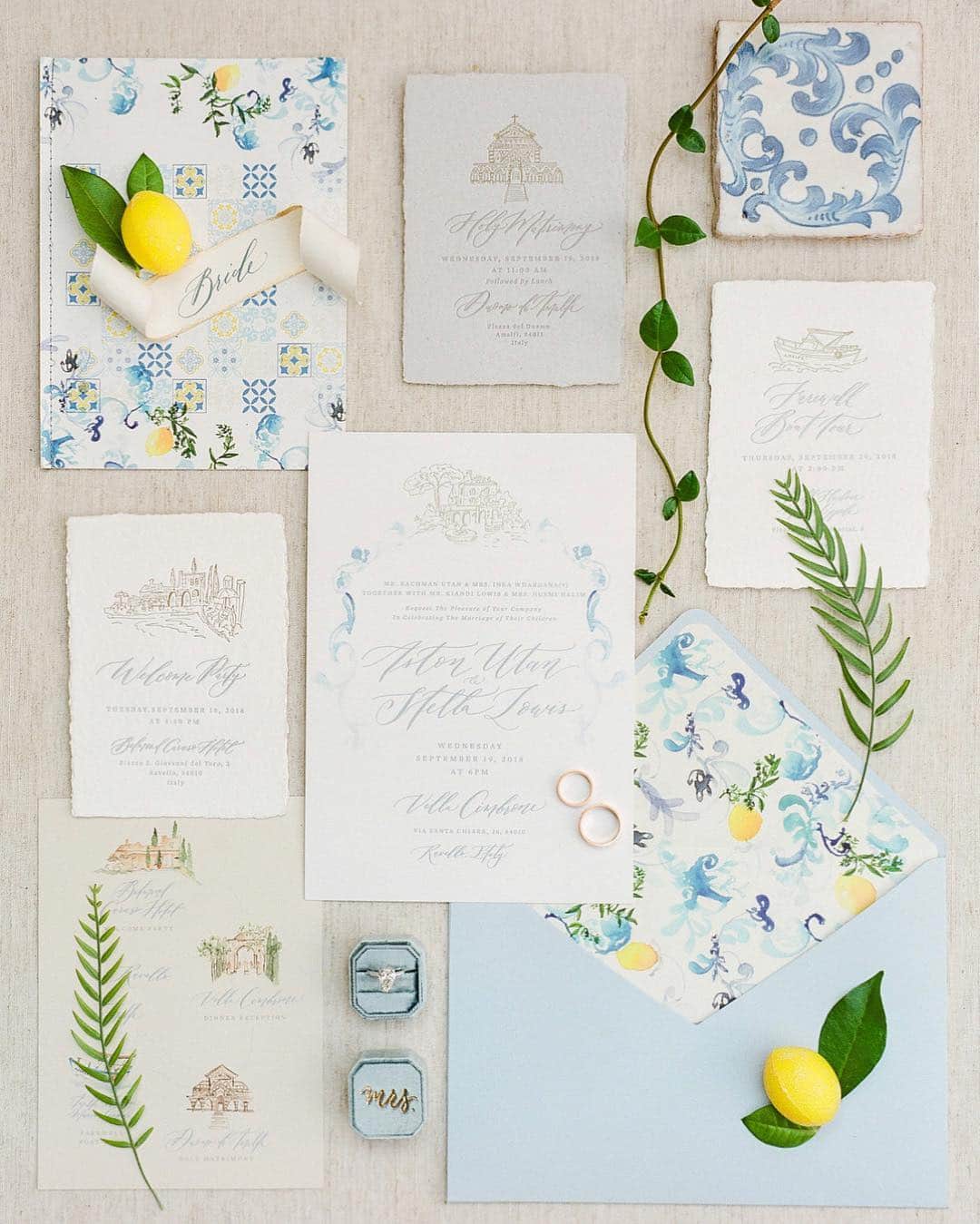 Veronica Halimさんのインスタグラム写真 - (Veronica HalimInstagram)「Featured on @stylemepretty front page today, the most beautiful destination wedding in Ravello, Amalfi Coast. The custom invitation and stationeries I designed for this particular wedding was inspired by the rich color and patterns of hand painted ceramic tiles, freshness of lemon scent and shades of pastel blush and dusty blue, from the bride’s favorite colors — Photography: @oliverflyphotography Floral Design: @ninaeifiori  Planner: @theweddingboutiqueitaly Wedding Venue: @villacimbrone  Welcome Event Venue: @belmondhotelcaruso  Cake Designer: @madeincake Stationery Design & Calligraphy: @truffypi — #truffypi #vhcqlligraphy #SMPLittleBlackBook #italywedding  #classicwedding #destinationwedding #destinationweddings #destinationbride #weddingideas #weddingdestination #floraldesign #weddingtables #smpweddings #stylemepretty #bridetobe2020 #brides #weddingdream #bridesdress #bridalhair #bridalfashiohn #bridalmakeup #smpweddings #stylemepretty #bride #beautifulbrides #bridetobe #weddingbride #bridalstyle #instabride #weddingdresses」4月11日 13時27分 - truffypi