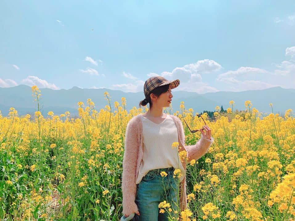 瀬口かなさんのインスタグラム写真 - (瀬口かなInstagram)「先日熊本行ったんだ！ 菜の花が凄く綺麗だった〜🥺🌼✨ ．  本当は桜を見に行ったんだけど前夜の雨風でちょっと散っちゃってた。。 ．  黄色の中に埋まってるとナウシカみたいだよね〜😂✨ #一心行の大桜 #菜の花 #熊本 #阿蘇 #南阿蘇村」4月11日 15時52分 - seguchikana