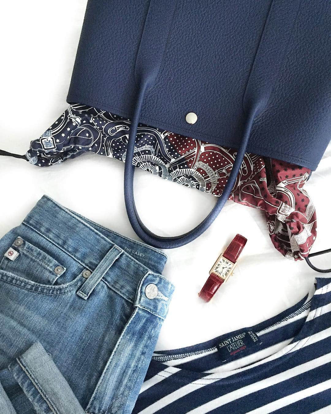 Shokoのインスタグラム：「♦︎Mixing High & Low♦︎ 〜Part 1 • Fashion 〜 ・ Thinking of doing another series... this time about mixing highs and lows. ・ Can’t wait to wear this combo. My favorite stripes and denim with navy and burgundy matching bag and watch. ・ I love to mix high and lows with casual items like denim and stripes, adding a bit of quality items that would complete the overall style chic. ・ Not sure when I am able to wear this favorite denim of mine with out sucking in my wobbly post partum tummy tho. Tahaha...」