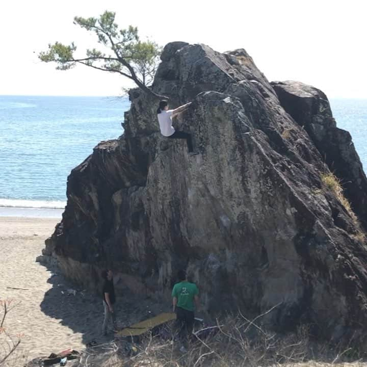 北脇順子のインスタグラム：「四国 day2  そり立つ壁でアップ 松風をトライ!!! 砂浜の中にドーンとスケールの大きい岩😎 本当に良い課題でした  最後にみんなで集合写真🤳  場所を移動！ ロマンチック野郎登れました☺︎ 落っこちたら大変なことになるので死ぬほど頑張りました。😂 ビショビショになって寒そうな人が1人いました。笑 📷 1 カチ取りのとき目が合う。👁笑 2 大好きな田中家と （しんじさん。） 4 そり立つ壁 6 登るしんじさん。寝転ぶしょーさんw🤭 8 美味しかった🤤  この日もいっぱい笑いました☺︎ #climbing #bouldering #4armstrong #rock #松風#ロマンチック野郎 #四国 #高知」