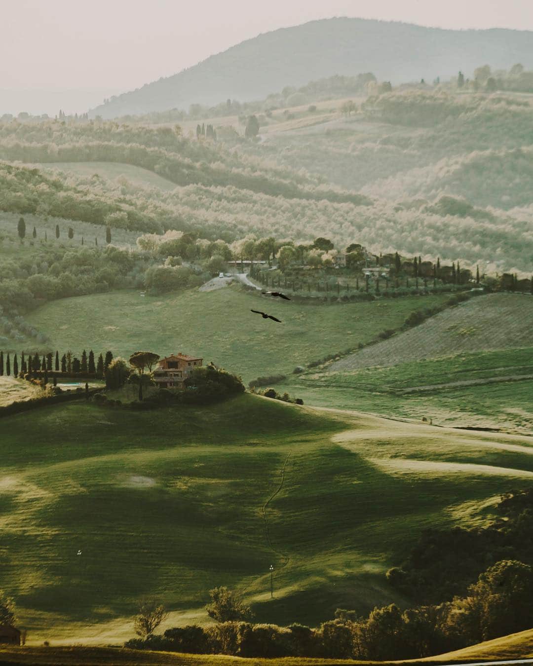 Putri Anindyaのインスタグラム：「Heaven on earth // before Tuscany, I wasn’t a fan of zoom lens. But this place changed me at that part. Now i love how zoom can capture moments that I can’t see with my eyes. Especially these two birds that probably you already saw last year. Different picture, with the same love birds. Anyway, Have you ever wish to live in that house on the hill? :)」