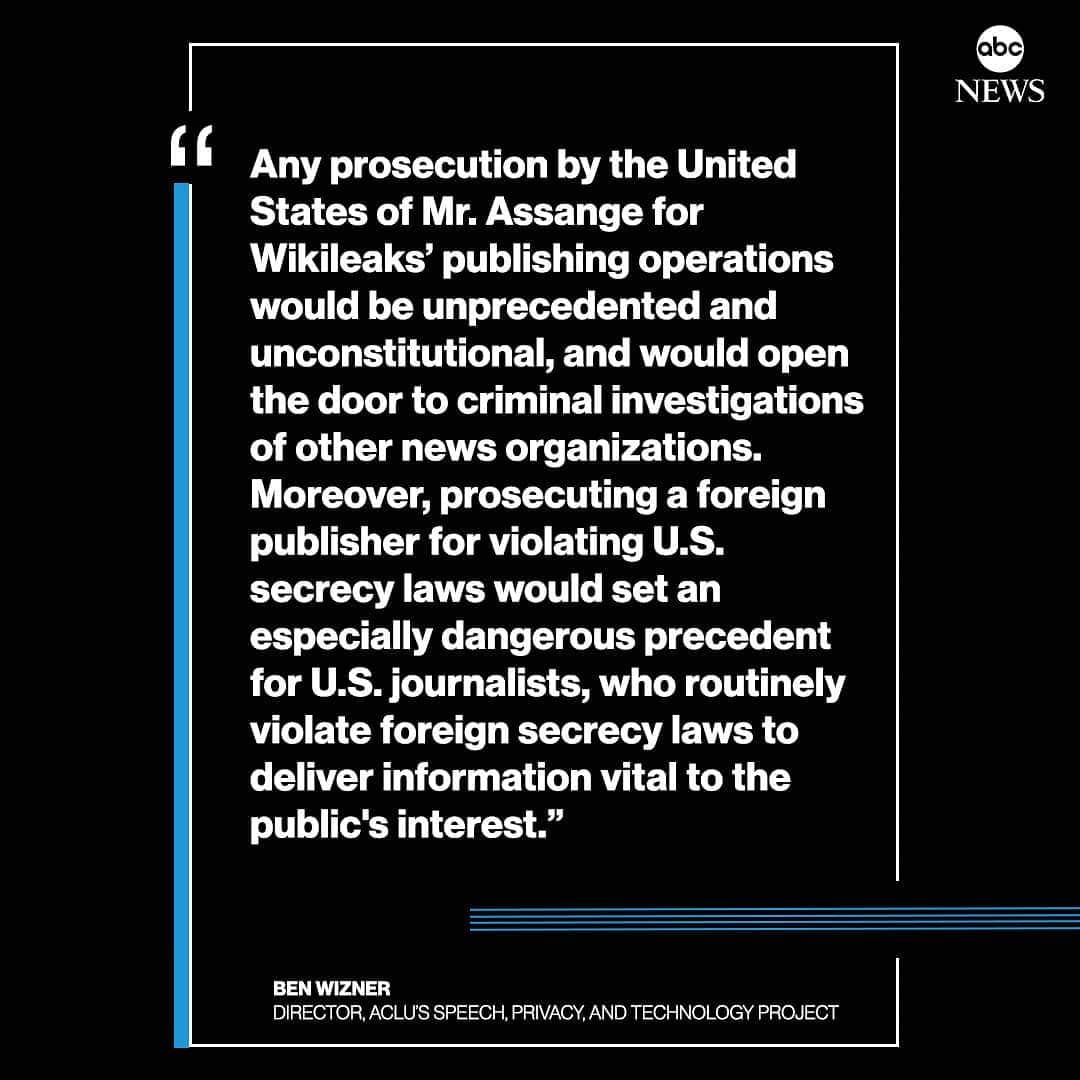 ABC Newsさんのインスタグラム写真 - (ABC NewsInstagram)「NEW: ACLU on WikiLeaks founder Julian Assange's arrest: "Prosecuting a foreign publisher for violating U.S. secrecy laws would set an especially dangerous precedent for U.S. journalists." #aclu #julianassange #wikileaks」4月11日 23時19分 - abcnews