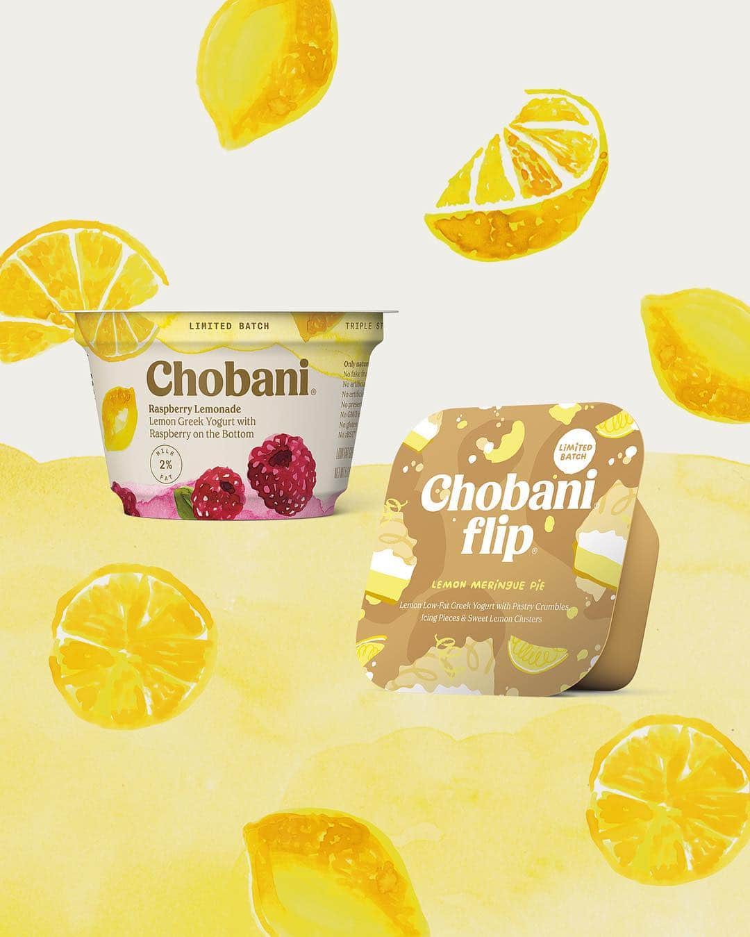 Chobaniのインスタグラム：「Two new limited batch flavors are here! Chobani Raspberry Lemonade is our take on the quintessential lemonade stand refreshment, with ripe raspberries under a layer of refreshing lemon Greek Yogurt. Chobani Flip Lemon Meringue Pie is a sweet and tangy twist on a classic summer dessert, with lemon Greek Yogurt and only natural mix-ins, like crunchy pie crust pieces, icing chunks, and sweet lemon clusters. Now available until July 2019!」