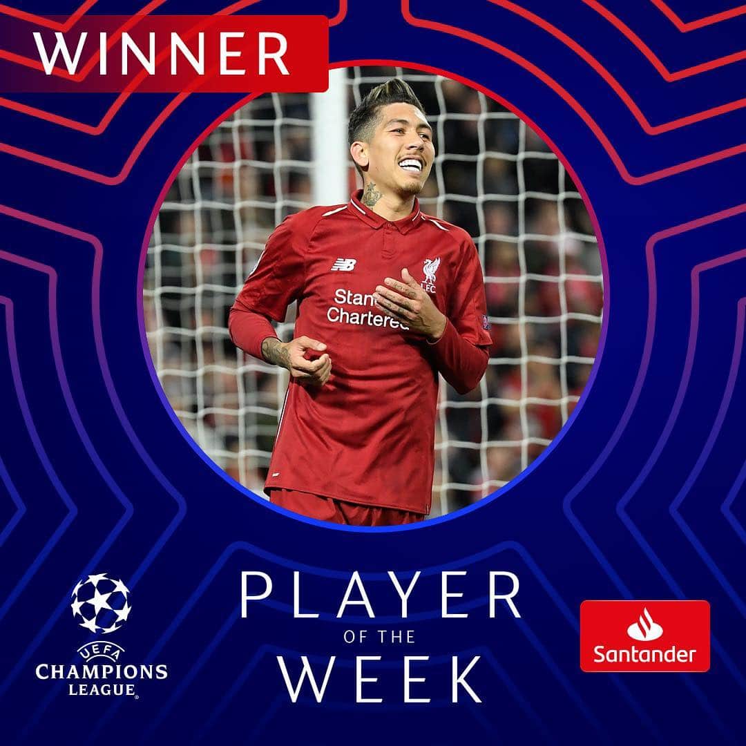 UEFAチャンピオンズリーグさんのインスタグラム写真 - (UEFAチャンピオンズリーグInstagram)「🥇 @roberto_firmino takes home the award this week 👏👏👏 #UCL #POTW」4月12日 19時17分 - championsleague