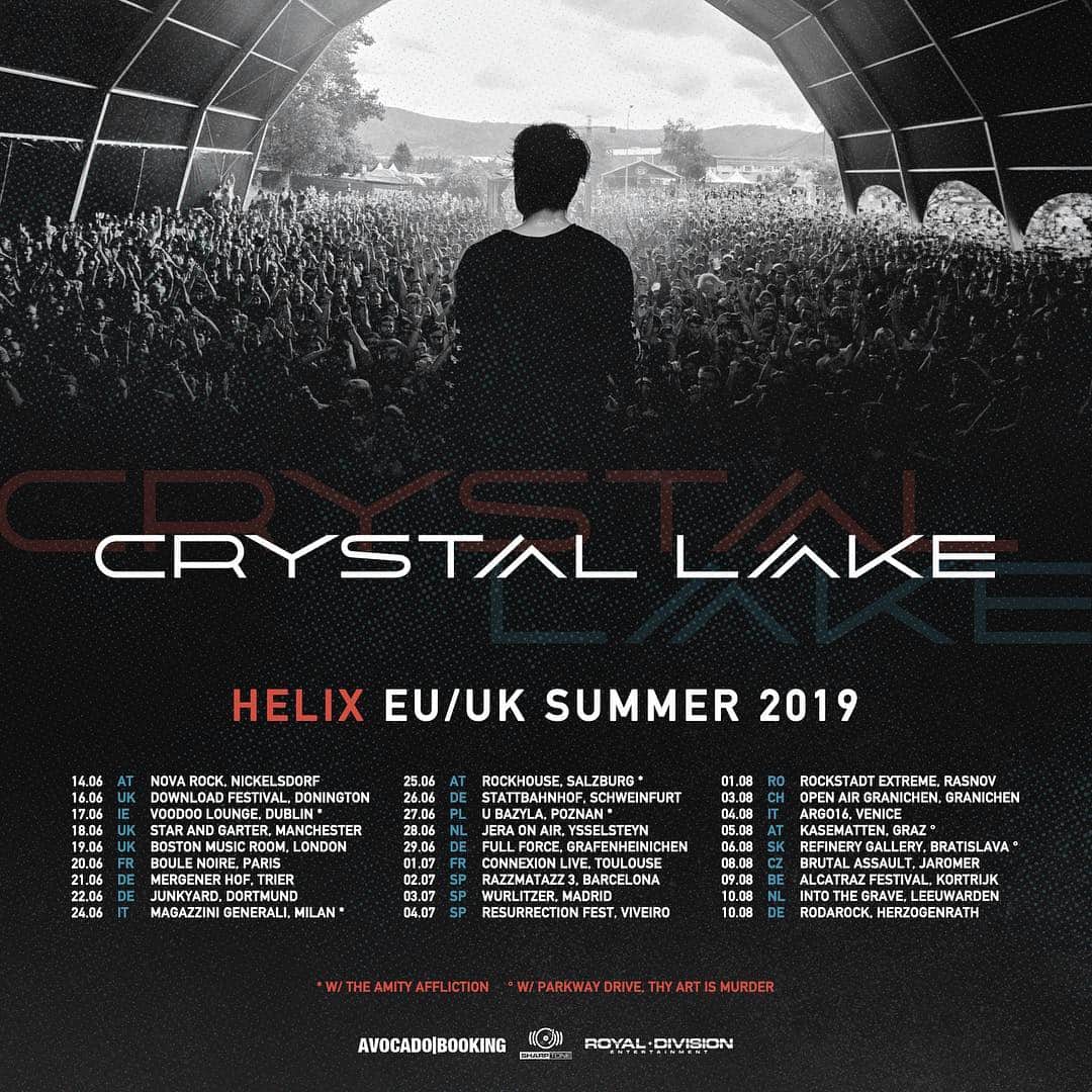 のインスタグラム：「Crystal Lake “HELIX EU/UK SUMMER TOUR 2019”  We’re stoked to announce that new tour dates for EU/UK SUMMER 2019. It’s included some summer festivals, headline show and guest for @theamityaffliction and @parkwaydriveofficial.  Where will we be seeing you? Tickets are on sale NOW!  14.06.19 Nickelsdorf Austria @ Nova Rock 16.06.19 Donington UK @ Download Festival 17.06.19 Dublin Ireland @ Voodoo Lounge ^ 18.06.19 Manchester UK @ Star and Garter ¨ 19.06.19 London UK @ Boston Music Room ¨ 20.06.19 Paris France @ Boule Noire *° 21.06.19 Trier Germany @ Mergener Hof *° 22.06.19 Dortmund Germany @ Junkyard *° 24.06.19 Milan Italy @ Magazzini Generali ^ 25.06.19 Salzburg Austria @ Rockhouse ^ 26.06.19 Schweinfurt Germany @ Stattbahnhof * 27.06.19 Poznan Poland @ U Bazyla ^ 28.06.19 Ysselstyn The Netherlands @ Jera On Air 29.06.19 Gräfenheinichen Germany @ Full Force Festival 01.07.19 Toulouse France @ Connexion Live 02.07.19 Barcelona Spain @ Razzmatazz 3  03.07.19 Madrid Spain @ Wurlitzer 04.07.19 Viveiro Spain @ Resurrection Fest 01.08.19 Rasnov Romania @ Rockstadt Extreme Fest 03.08.19 Gränichen Germany @ Open Air Gränichen 04.08.19 Venice Italy @ Argo16 05.08.19 Graz Austria @ Kasematten " 06.08.19 Bratislava Slovakia @ Refinery Gallery " 08.08.19 Jaromer Czech Republic @ Brutal Assault 09.08.19 Kortrijk Belgium @ Alcatraz Metal Fest 10.08.19 Leeuwarden The Netherlands @ Into The Grave 10.08.19 Herzogenrath Germany @ Rodarock  Supporting: The Amity Affliction^, Parkway Drive", Thy Art Is Murder" With support from: Polar*, Cane Hill°, Skywalker*, InVisions¨, Captives¨  #CrystalLake #HELIX」