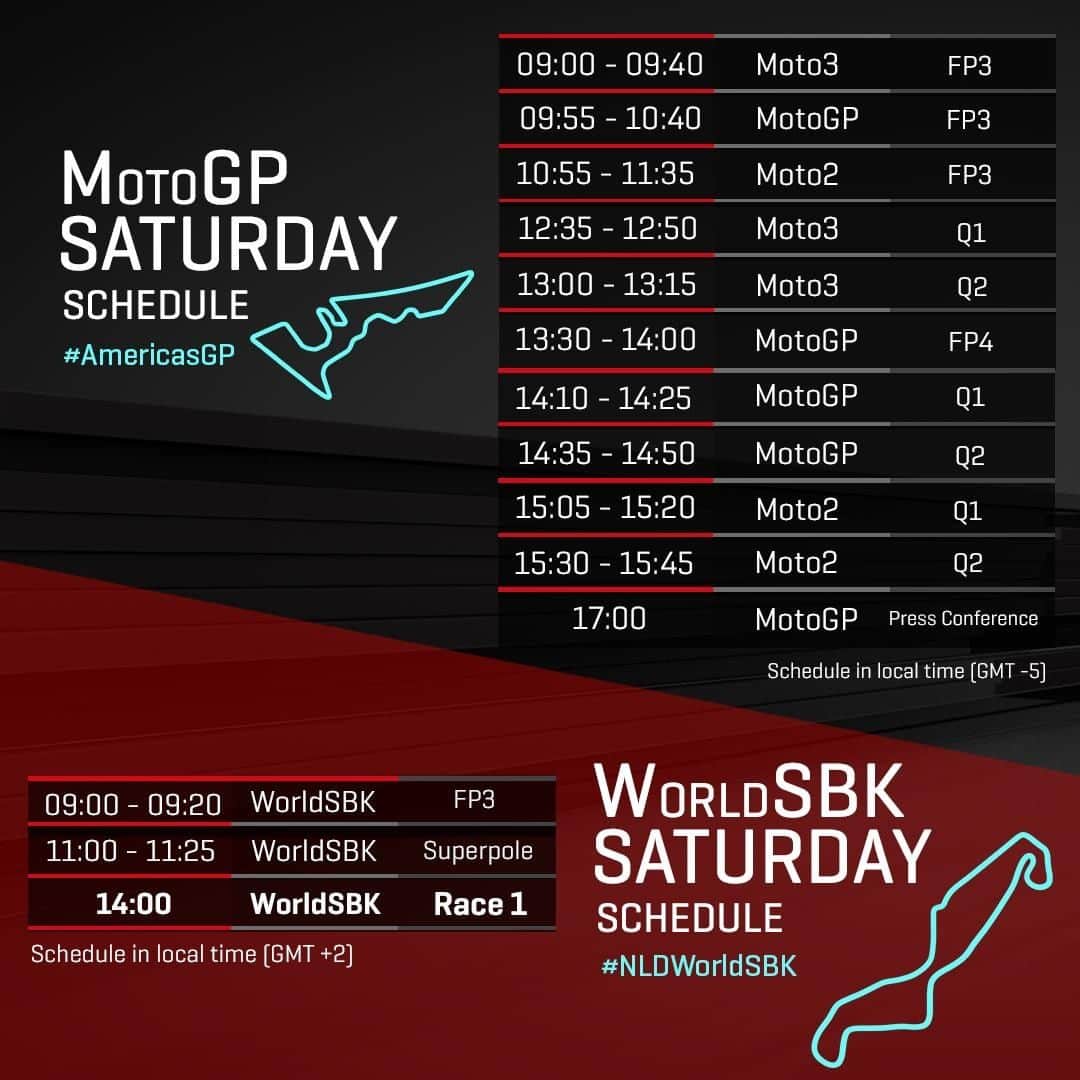 MotoGPさんのインスタグラム写真 - (MotoGPInstagram)「Get ready for a 2 Wheel Weekend ✊💨 // Check out the Saturday schedule for both the #AmericasGP 🇺🇸 and the #NLDWorldSBK 🇳🇱 and make sure you don't miss any of the action! 🏁 #2WheelWeekends #MotoGP #WorldSBK #Motorcycle #Racing #Motorsport」4月13日 6時45分 - motogp