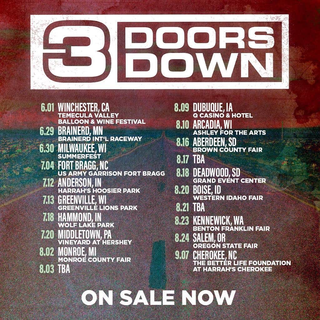 3 Doors Downのインスタグラム：「Summer 2019 shows are ON-SALE now! More TBA soon. Get your tickets at the link in our Story/Bio. Let’s 🤘🏻🤘🏻」