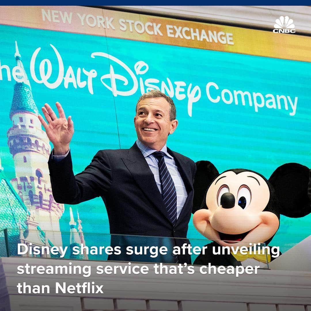 のインスタグラム：「Disney just gained more than $20 billion in market value.⁣⠀ ⁣⠀ Shares jumped on Friday after the company announced its Disney+ video streaming service would be just $6.99 a month. That’s $2 dollars cheaper than Netflix’s basic subscription.⁣⠀ ⁣⠀ If the gains hold, Disney is on pace for its best trading day since May 2009. Netflix shares traded lower by more than 3% on Friday.⁣⠀ ⁣⠀ You can read more about Disney+, at the link in bio.⁣⠀ ⁣⠀ *⁣⠀ *⁣⠀ *⁣⠀ *⁣⠀ *⁣⠀ *⁣⠀ *⁣⠀ *⁣⠀ ⁣⠀ #Disney #Disneyplus #BobIger #Netflix #ReedHastings #Movies #Media #BusinessNews #News #TraderTalk #Portfolio #Invest #Investing #CNBC⁣」