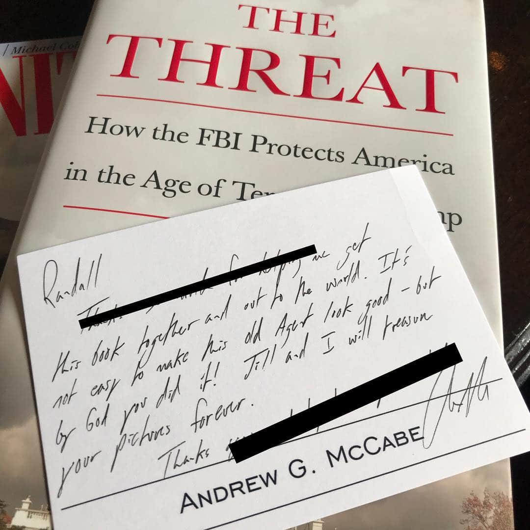 ランドール・スラヴィンさんのインスタグラム写真 - (ランドール・スラヴィンInstagram)「Andrew McCabe......Just received a lovely note (redacted to protect all the top-secret government intel obvi #yolo) from former Deputy Director of the FBI along with his book THE THREAT which carries my photo on its back jacket.  I’m all my years i have only received 3 personal notes after a photo shoot. @zoesaldana, Graydon Carter and now Mr. McCabe. Such a classy thing to do. Putting this note on the wall. Thanks Andy; keep fighting the good fight!」4月13日 1時01分 - randallslavin