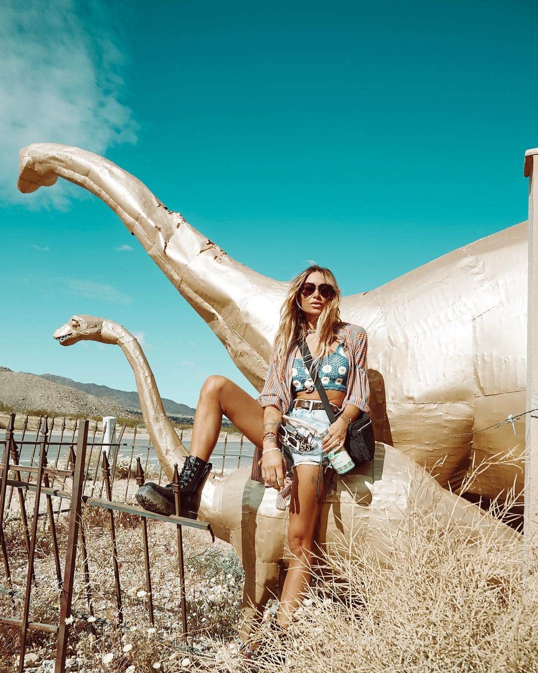 ルー・ティーズデールのインスタグラム：「Being extra with the Joshua Tree dinosaurs 🦕 ( Shorts @grlfrnd_denim top @loversfriendsla @revolve )」