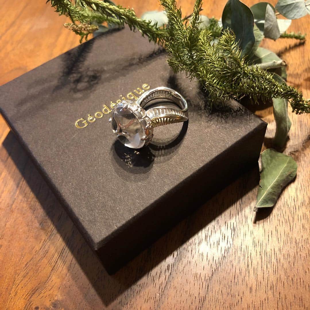 chikako0824のインスタグラム：「可愛いーって飛びついたリング。 月が照らす海の中のクラゲをイメージしたリングとか。 石枠の透かしや細やかなデザインが🎶 クリスタルクォーツ、シルバー、K18のリング。 サイズをわざと大きくしたのでお婆ちゃんになっても着けれるジュエリー😊  #リング  #geodesique  #géodésiquekobe」