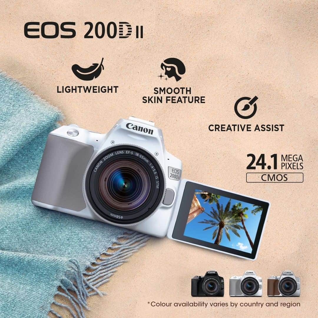 Canon Asiaのインスタグラム：「Your favourite DSLR just got an upgrade - introducing the brand new Canon EOS 200D II to JAZZ UP your everyday photography 📷. • With its lightweight body (approx 449g), Creative Assist function for simple photo editing in real-time and the addition of Smooth Skin scene mode function to elevate your selfie game, you can bring along your Canon EOS 200D II to capture your everyday moments in life. ✨  Learn more about the Canon EOS 200D II, link in bio!  #canonasia #photography #canonEOS200DII #canonEOS200D #dslr #canondslr #cameragear」