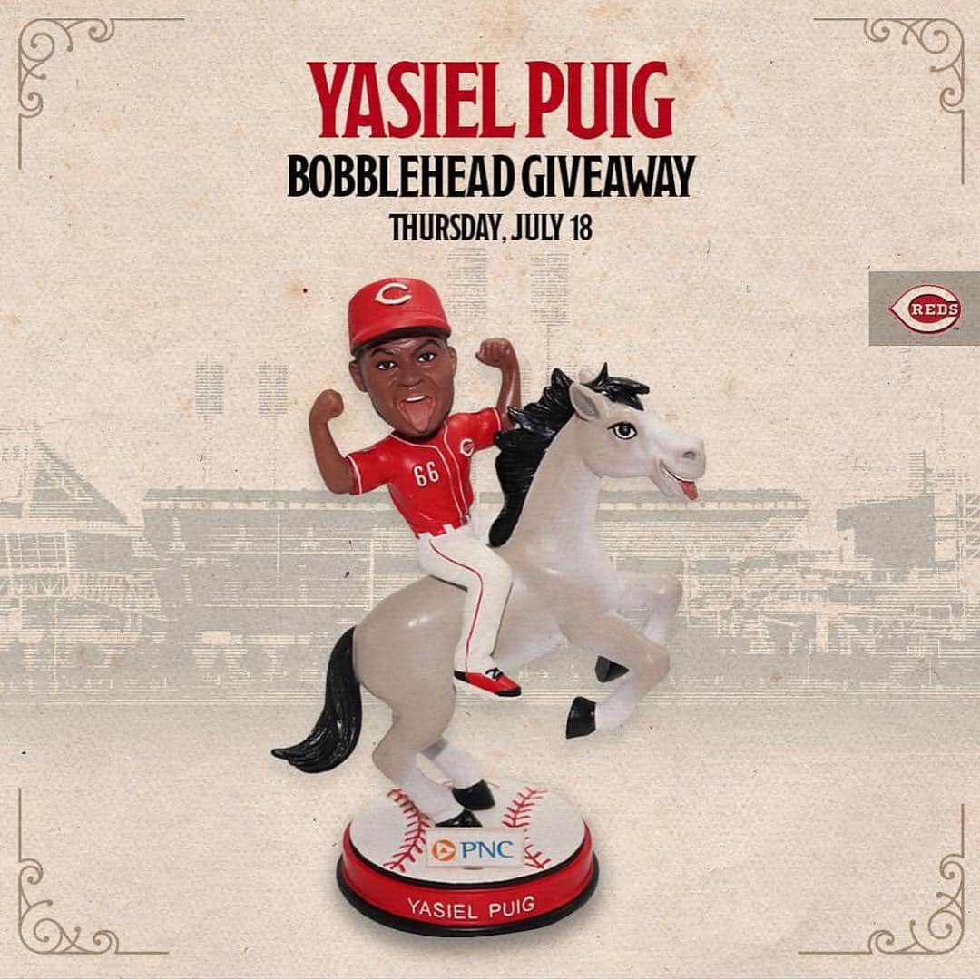 ヤシエル・プイグのインスタグラム：「All the wonderful people who love Cincinnati baseball and fans of the #Wildhorse do not want to miss out on my first @reds bobblehead on July 18! 😝💪💪🐎」