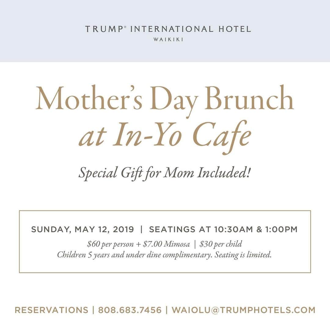 Trump Waikikiさんのインスタグラム写真 - (Trump WaikikiInstagram)「Mother's Day is just but four weeks away and we hope you will join us at In-Yo Cafe where we will have a lavish spread for brunch to delight and indulge your special Mother on Sunday, May 12.  There will be two seatings available at 10:30 am and 1:00 pm.  Reservations recommended | 808.683.7456. To view our brunch menu that includes a prime beef carving station, made-to-order sushi station, a dessert flambe station and more, visit https://www.trumphotels.com/waikiki/waikiki-hawaii-event-calendar?year=2019&month=05&startdate=2019-05-01  今年の母の日にはトランプ・ワイキキの陰陽カフェでブランチはいかがですか。母の日のブランチは、5月12日（日）午前10時30分と午後１時の２回。ご予約、詳細は 808.683.7456 または、弊社の日本語ウェブページをご覧ください。 https://www.trumphotelcollection.com/jp/waikiki/restaurants-honolulu-hawaii.php  #陰陽カフェ #トランプワイキキ #母の日 #母の日ブランチ #ブランチ #ビュッフェ」4月13日 17時52分 - trumpwaikiki