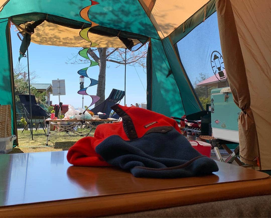 上村知世さんのインスタグラム写真 - (上村知世Instagram)「2019年1回目のキャンプ🏕 晴れてるし！桜もほどよいし！ すごくいいキャンプ初め🌸☀️ 寒いからコタツも導入！w正解だな！w #camping #キャンプ #桜 #お花見 #花見キャンプ #海 #familycamp」4月13日 18時20分 - tomose0207