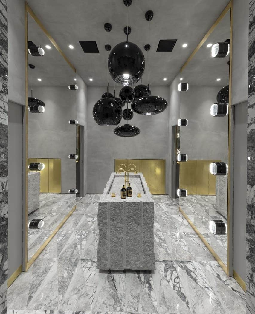 トム ディクソンさんのインスタグラム写真 - (トム ディクソンInstagram)「The Manzoni restroom - a cluster of black COPPER pendants hang above the communal basin made from monolithic off cuts of granite by @testigroup.⁣ ⁣ #tomdixon #themanzoni #milanogram #tomdixonMANZONI #fuorisalone #fuorisalone2019 #milan2019 #milandesignweek #milandesignweek2019 #testigroup⁣ ⁣ @themanzoni by @tomdixonstudio's @design_research_studio with @jlk_ds #jlkds⁣ ⁣」4月13日 19時10分 - tomdixonstudio