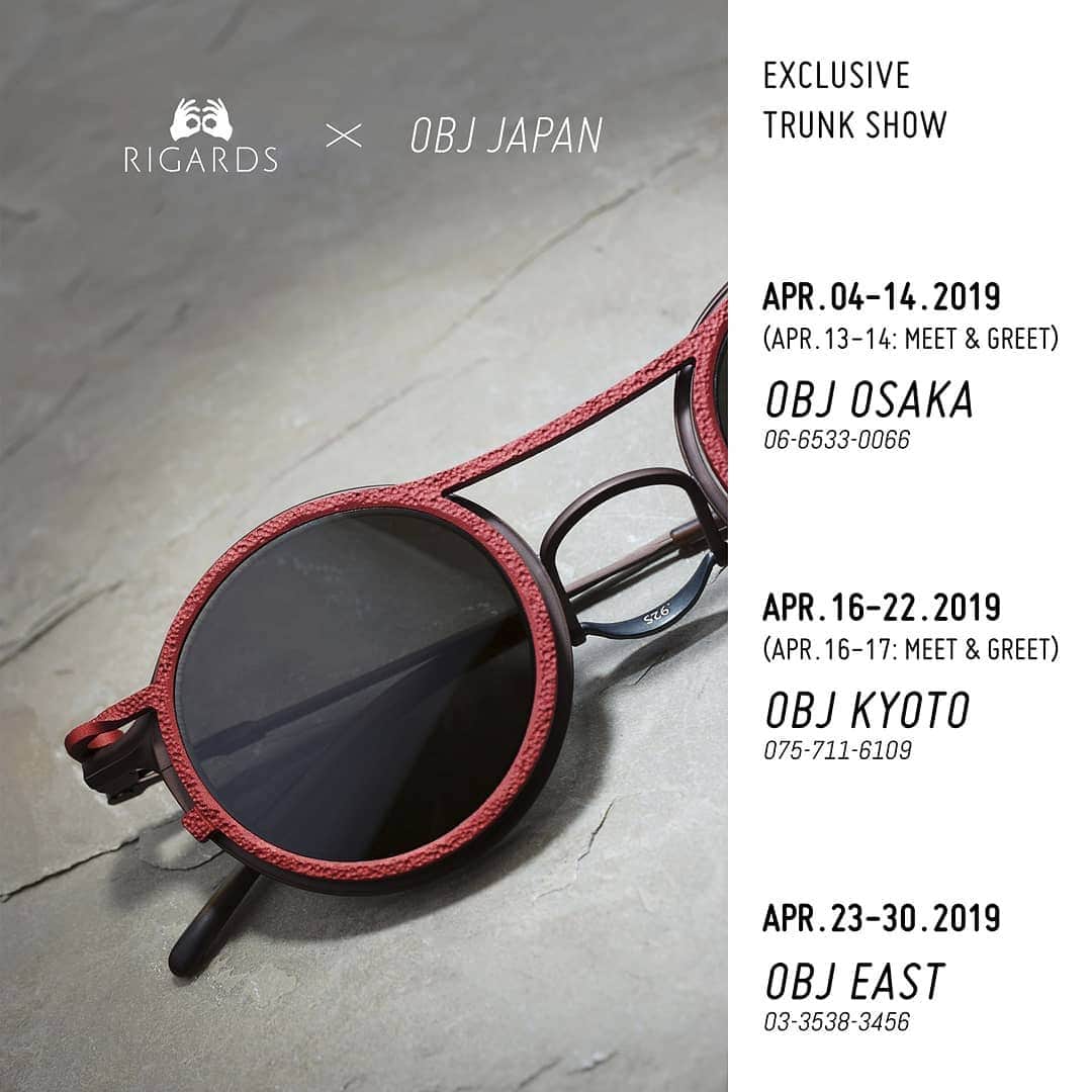 リガーズさんのインスタグラム写真 - (リガーズInstagram)「: Dear Osaka friends, Scoop: If you’d like to meet Ti, come on down this weekend—Apr 13 & 14, from 11AM to 4PM—to @obj_osaka, in the heart of Shinsaibashi, and prepare to be introduced to the refreshing possibilities in the world of #RIGARDS. . 《お知らせ》@obj_osaka OBJ大阪にて行われます"RIGARDSトランクショー"開催に伴い、4/13（土）・4/14（日）の11時から16時までは、クリエイティブディレクターのTiが在店する予定です。デザインの話やメガネ選びのアドバイスなど、じっくり楽しく聞くことのできるチャンスです。ご興味ある方は是非、足を運んでみてください。  Ph: RG2001TVA, our clean-lined frame with a lock-in sunglass clip that creates a triple nose bridge, designed in collaboration with cult fashion legend Mr. Tomowaki Okaniwa. Thank you so much The Viridi-anne #Tokyo for the warm welcome.  ##HandmadeForYourFace #TrunkShow #OBJ #Osaka #OBJOsaka #OBJKyoto #OBJEast #TheViridianne #TVA #Horn #SterlingSilver #Copper #AluminumMagnesium #Stone #Wood #eyewear #sunglasses #NoToCopycats #RIGARDS」4月14日 10時10分 - rigards