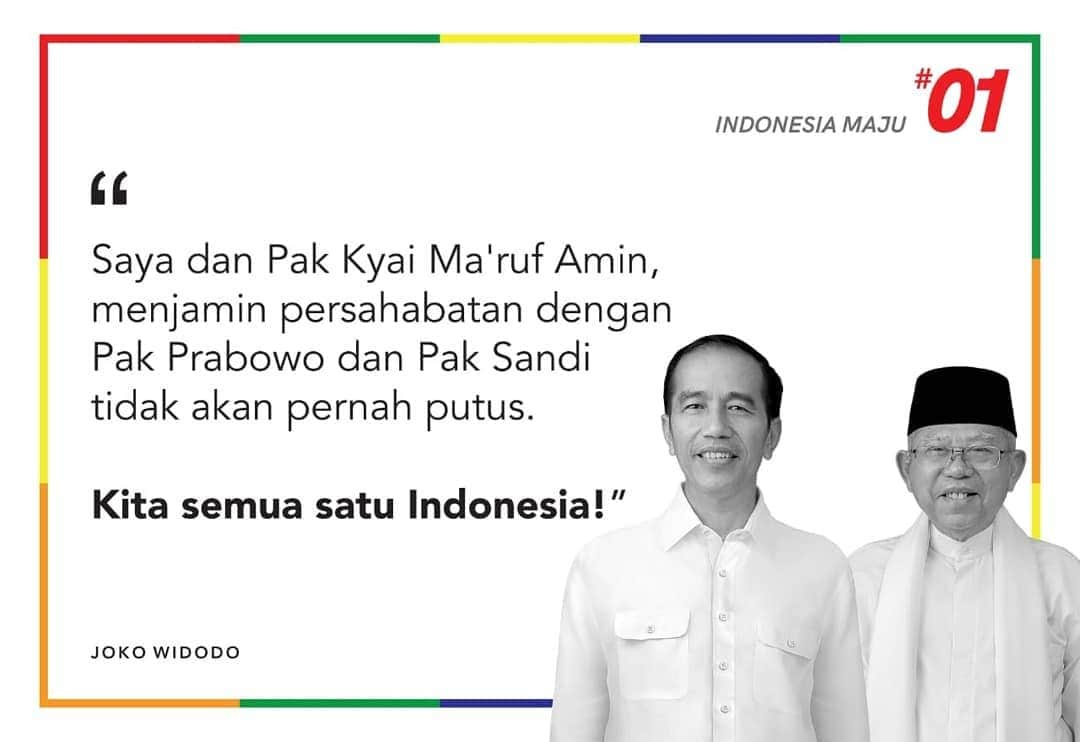 エリック・トヒルさんのインスタグラム写真 - (エリック・トヒルInstagram)「Pasangan Jokowi-Ma'ruf Amin menutup kampanye dan debat pilpres pamungkas dengan prima. Tetap dengan ide-ide segar untuk membangun ekonomi berbasis tehnologi dan industri kerakyatan demi kesejahteraan bangsa, serta terus menebar semangat dan sikap optimisme demi menuju Indonesia maju. Jokowi-Ma’ruf Amin akan menjamin rakyat dan bangsa Indonesia siap menuju kehidupan yang jauh lebih baik dan mampu bersaing serta berdiri lebih unggul dari negara-negara maju saat ini.  Menutup masa kampanye terbuka ini, saya ingin mengucapkan terima kasih kepada seluruh pendukung Jokowi-Ma'ruf Amin untuk seluruh doa dan dukungan yang tulus dan tidak ada hentinya. Saya mengajak seluruh pendukung paslon 01 untuk tidak menyianyiakan hak pilih nya dan datang ke TPS pada Hari Rabu, 17 April 2019. Kita coblos yang pakai Baju Putih, nomor urut 01, Jokowi Amin. Kita kawal terus proses demokrasi Bangsa ini dengan kegembiraan dan kerukunan. Kita teruskan perjuangan kita, menuju INDONESIA MAJU.  #01IndonesiaMaju (source 📷 : Antarafoto)」4月14日 1時54分 - erickthohir