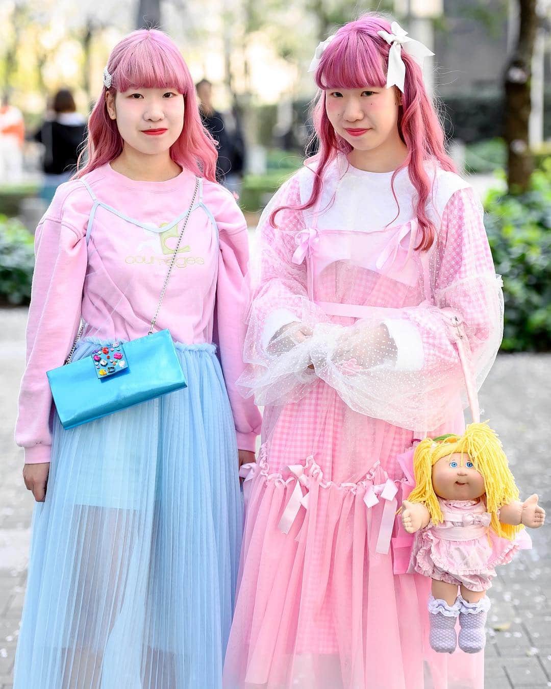 Harajuku Japanさんのインスタグラム写真 - (Harajuku JapanInstagram)「18-year-old Japanese twins Suzune (@oyasumi0220) and Ayane (@ayane_ide) on the street near Bunka Fashion College wearing kawaii pastel fashion including a handmade dress, a sheer dress from Raspberrypie, a handmade Cabbage Patch purse, Tokyo Bopper bow platforms, and vintage items.」4月14日 5時01分 - tokyofashion