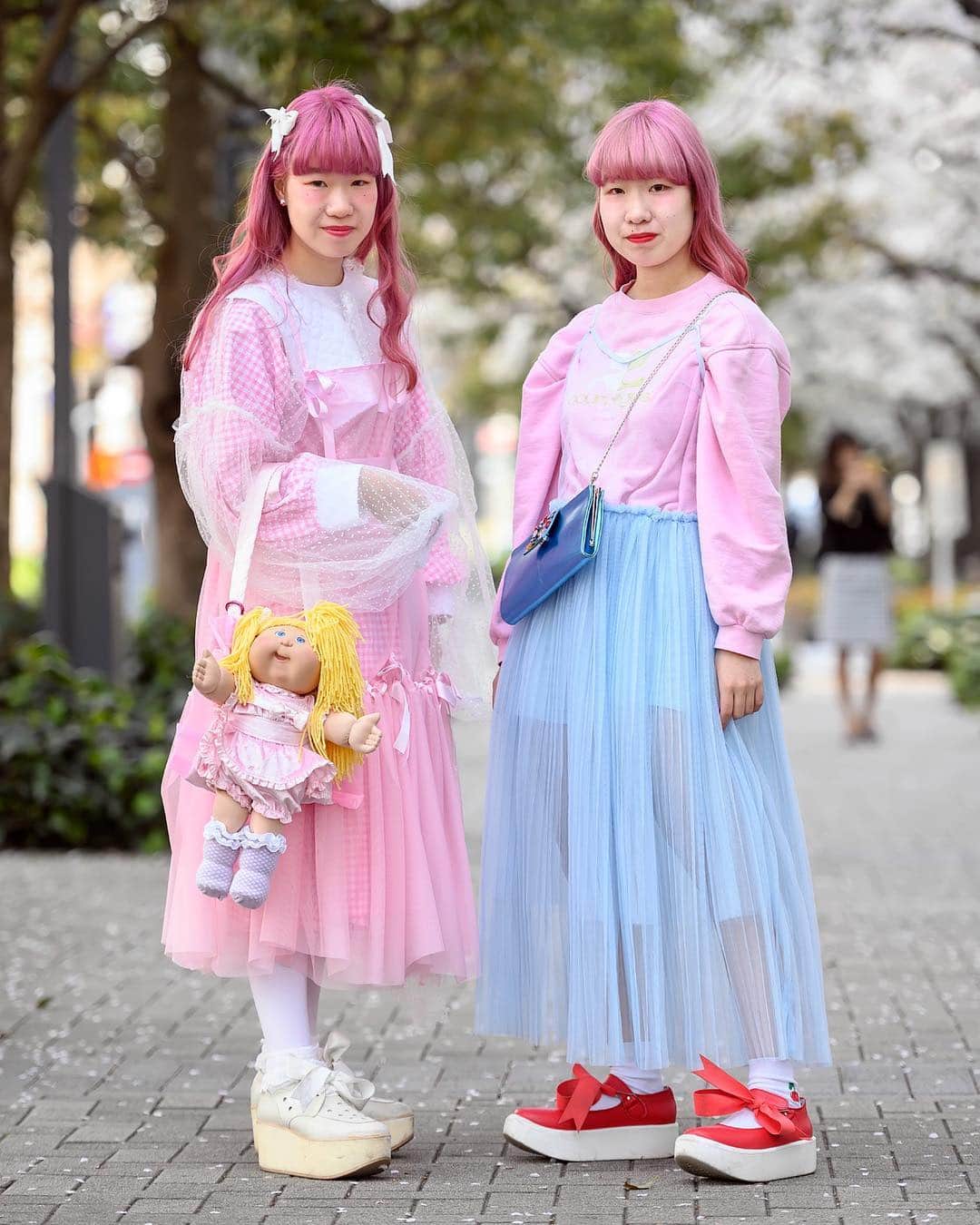 Harajuku Japanさんのインスタグラム写真 - (Harajuku JapanInstagram)「18-year-old Japanese twins Suzune (@oyasumi0220) and Ayane (@ayane_ide) on the street near Bunka Fashion College wearing kawaii pastel fashion including a handmade dress, a sheer dress from Raspberrypie, a handmade Cabbage Patch purse, Tokyo Bopper bow platforms, and vintage items.」4月14日 5時01分 - tokyofashion