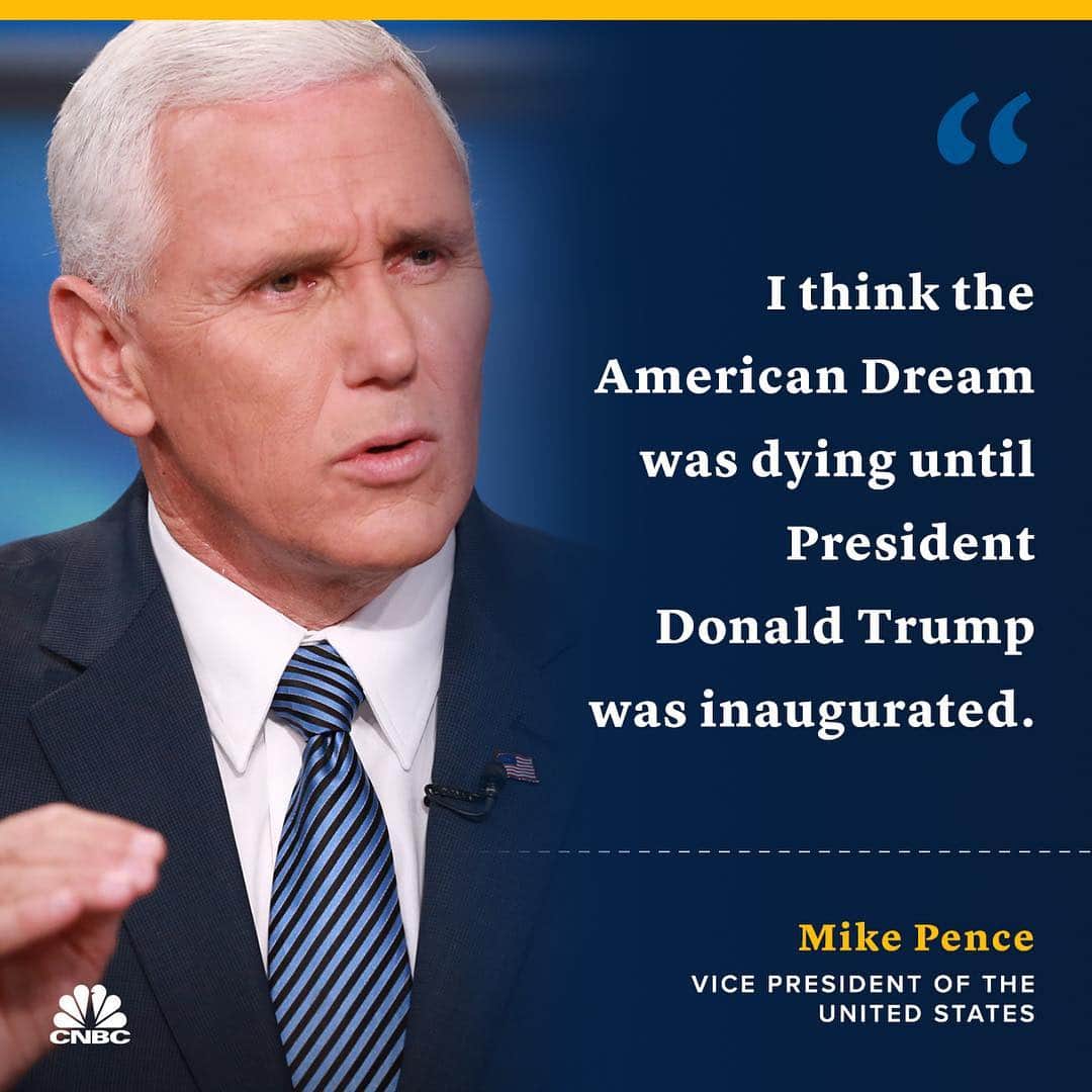 CNBCさんのインスタグラム写真 - (CNBCInstagram)「Vice President Mike Pence discussed hot topics in American politics as well as the state of the economy  on CNBC this week.⁣⠀ ⁣⠀ The VP said the American dream was “dying until President Donald Trump was inaugurated” in 2017.⁣⠀ ⁣⠀ Pence’s comments come as a number of U.S. billionaires and business leaders call for fixes to America’s system of capitalism.⁣⠀ ⁣⠀ Swipe left to watch the exact moment where he talks about capitalism and the American Dream, or you can watch our full interview with the VP, at the link in bio.⁣⠀ *⁣⠀ *⁣⠀ *⁣⠀ *⁣⠀ *⁣⠀ *⁣⠀ *⁣⠀ *⁣⠀ #VicePresident #MikePence #Interview #DonaldTrump #President #Socialism #Capitalism #Politics #Economy #AmericanDream #SquawkBox #CNBC⁣」4月14日 7時43分 - cnbc