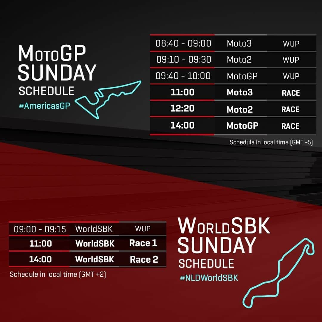 MotoGPさんのインスタグラム写真 - (MotoGPInstagram)「Race Day schedule ⏰ // Check out the times for both #AmericasGP 🇺🇸 and #NLDWorldSBK 🇳🇱 Sunday races 👆 #2WheelWeekends #MotoGP #WorldSBK #Motorcycle #Racing #Motorsport」4月14日 9時00分 - motogp