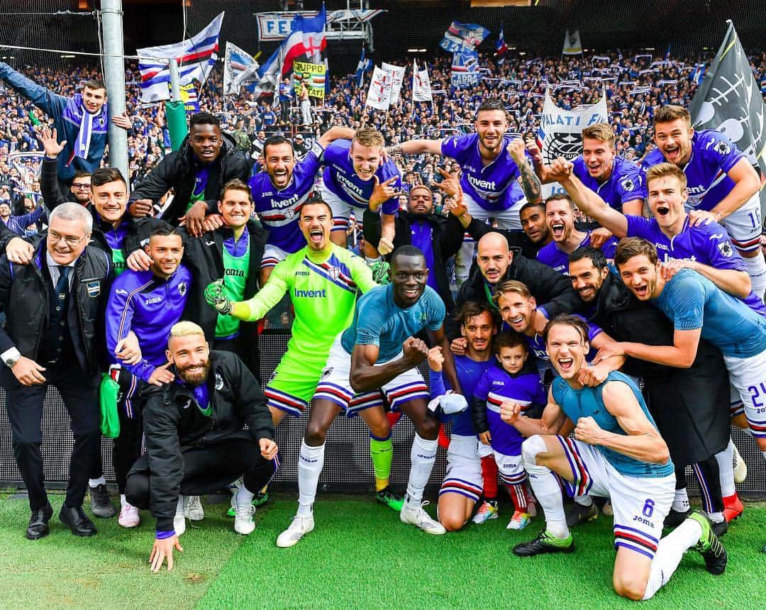 エミリオ・アウデロのインスタグラム：「Prima vittoria nel derby... la porterò sempre con me!!! Atmosfera stupenda, colori fantastici.. e festeggiare sotto la gradinata non ha prezzo🙏🏼💪🏼😍 Bravi tutti.. ! #derbydellalanterna #vittoria #forzasamp」
